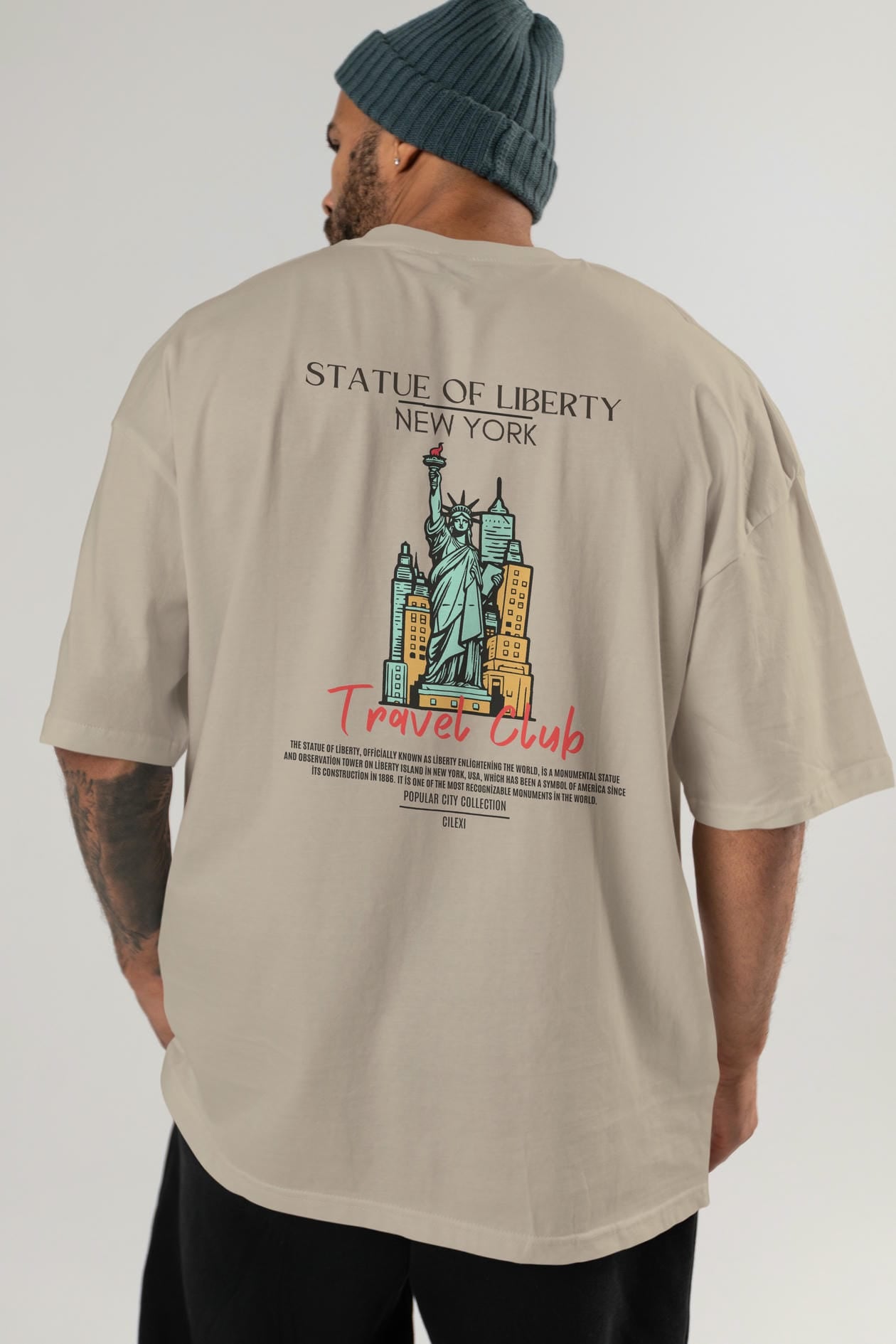Statue Of Liberty New York Arka Baskılı Oversize t-shirt Erkek Kadın Pamuk Bisiklet Yaka tişort