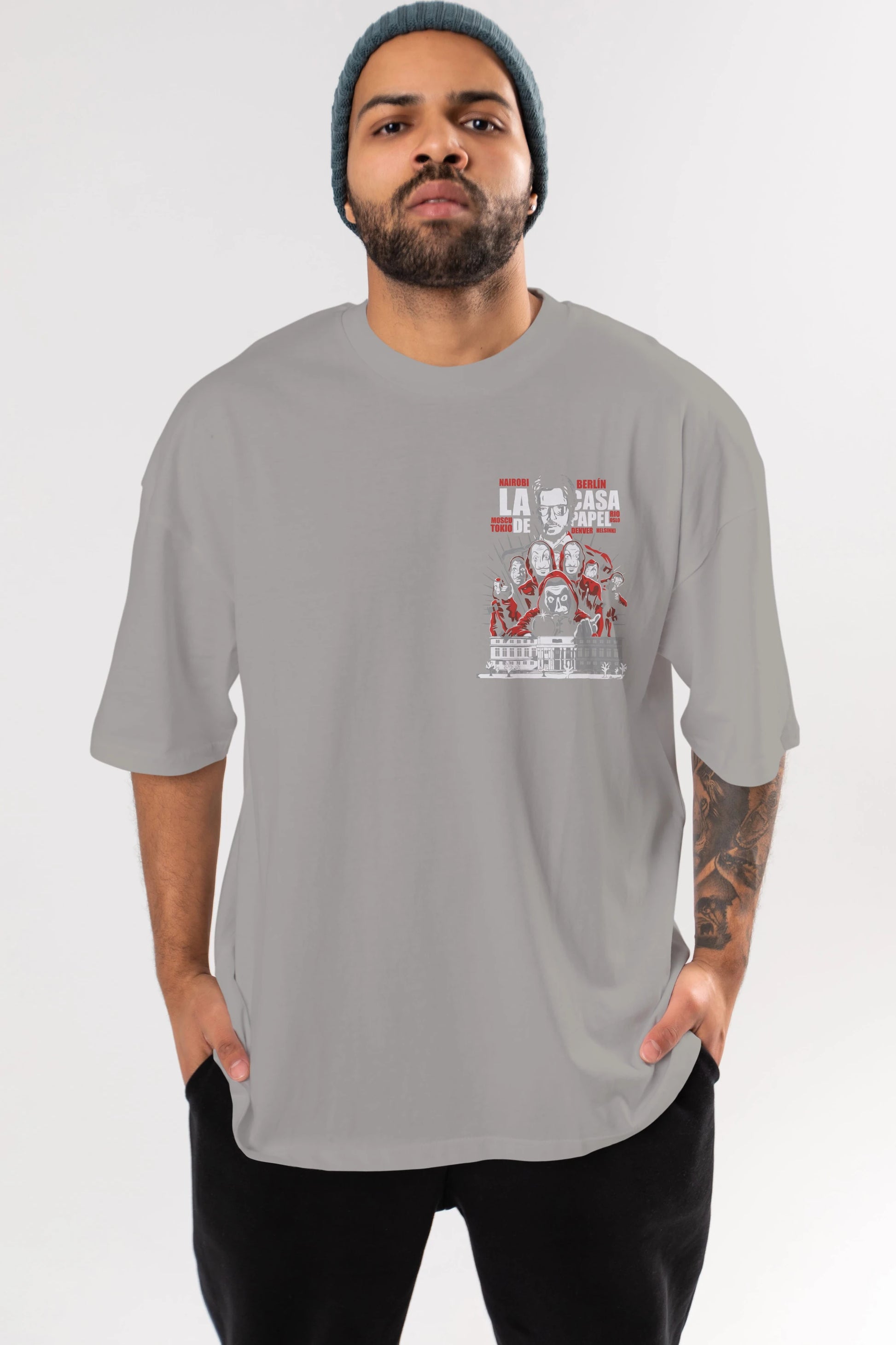 La Casa De Papel (2) Ön Sol Baskılı Oversize t-shirt Erkek Kadın Unisex %100 Pamuk Bisiklet Yaka tişort