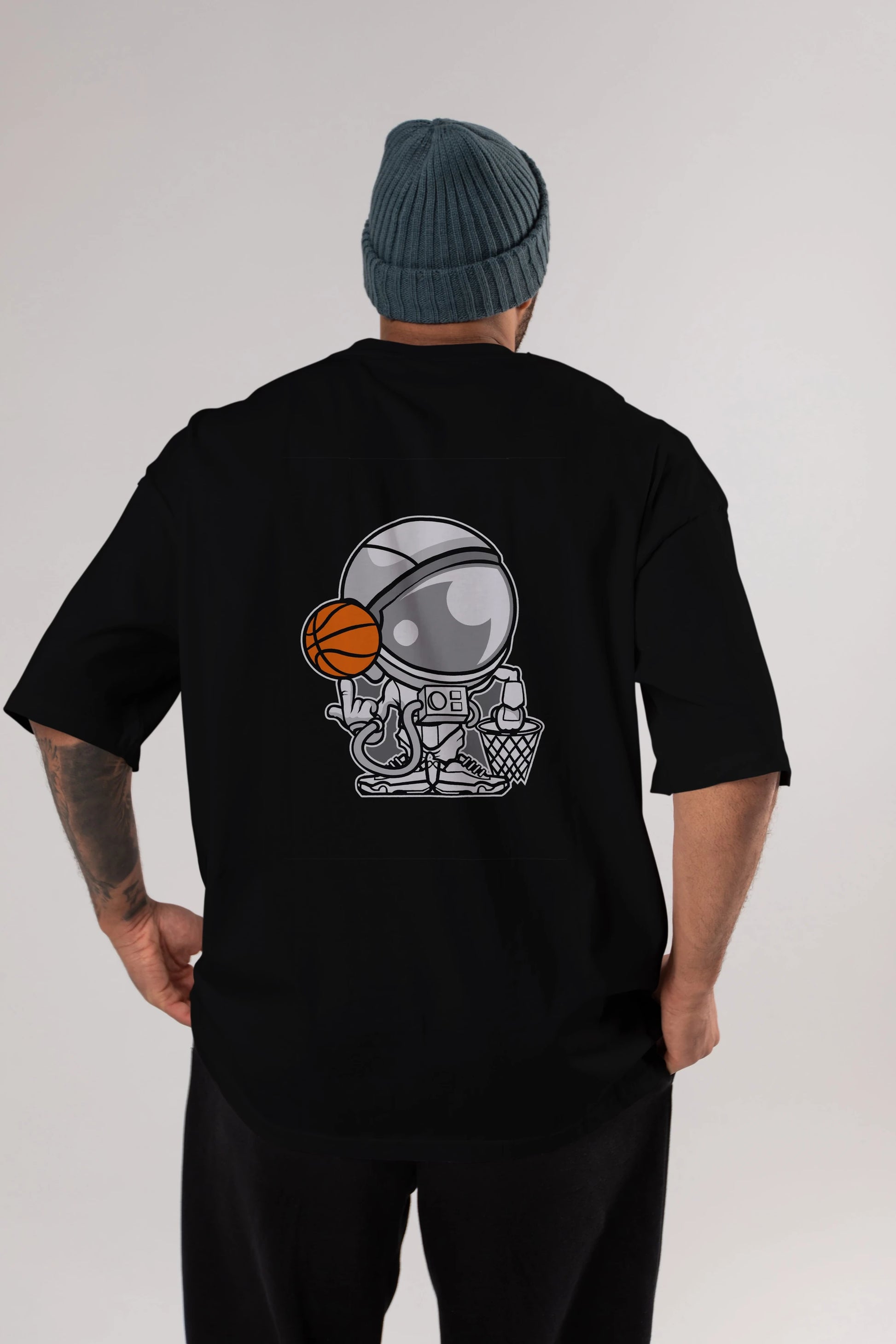 Astronaut Basketball Arka Baskılı Oversize t-shirt Erkek Kadın Unisex %100 Pamuk tişort