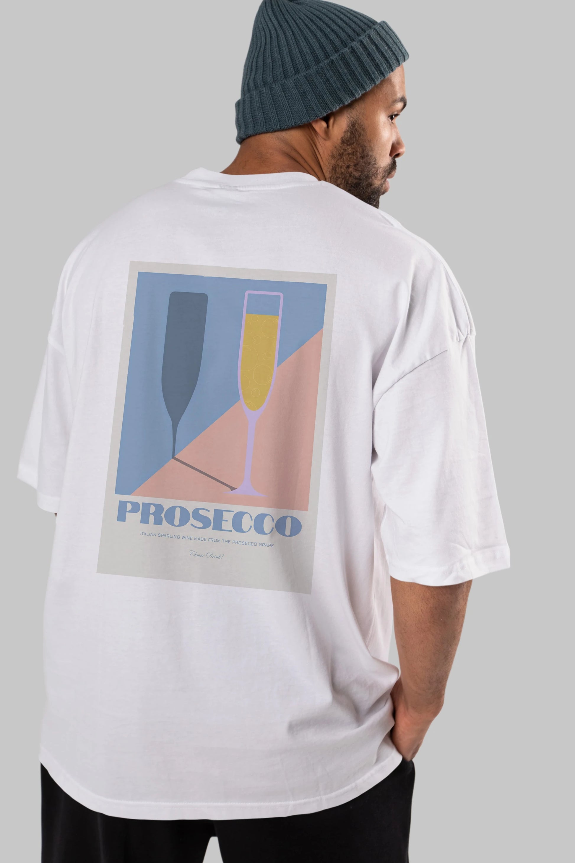 Prosecco Arka Baskılı Oversize t-shirt Erkek Kadın Unisex %100 Pamuk Bisiklet Yaka tişort