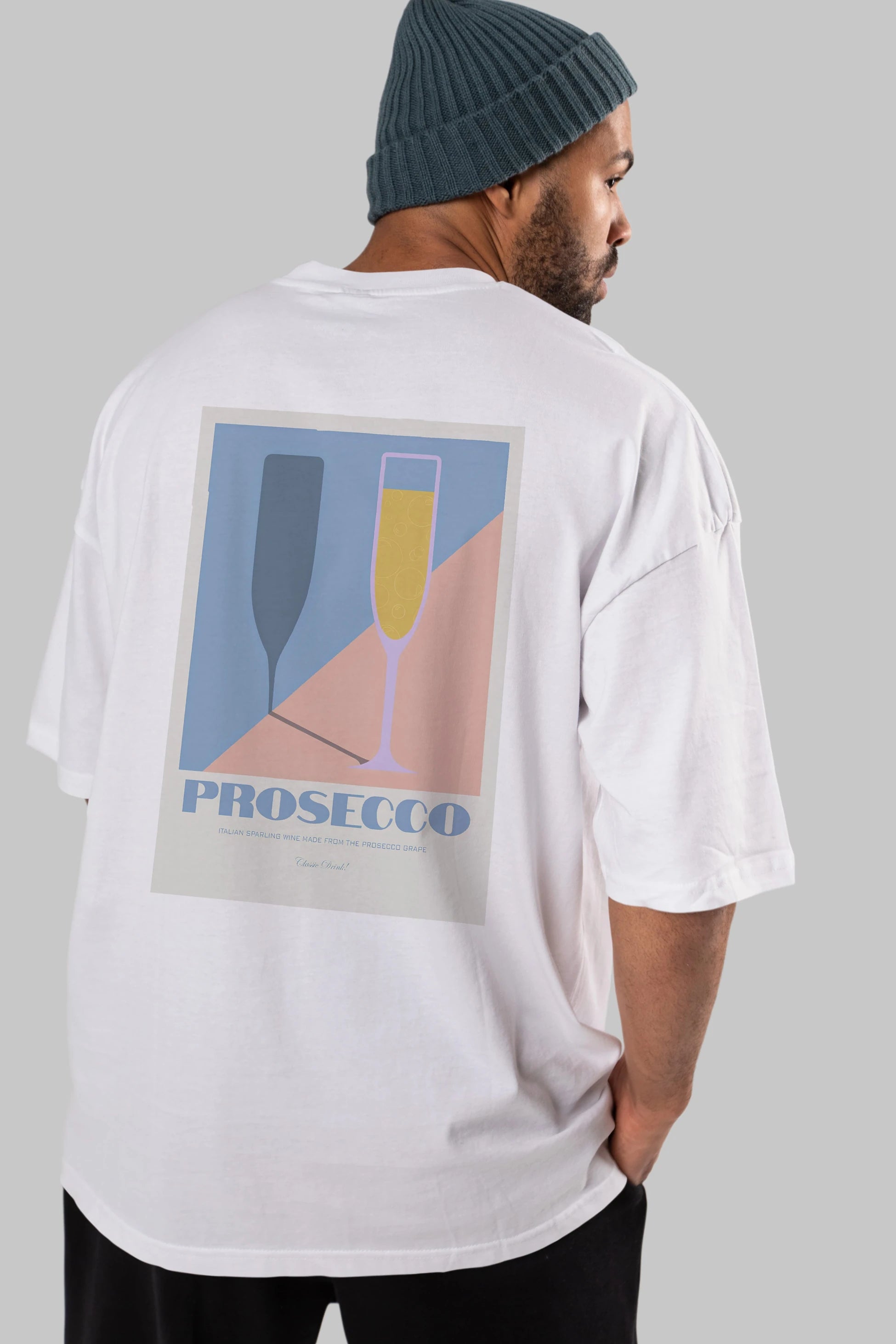 Prosecco Arka Baskılı Oversize t-shirt Erkek Kadın Unisex %100 Pamuk Bisiklet Yaka tişort