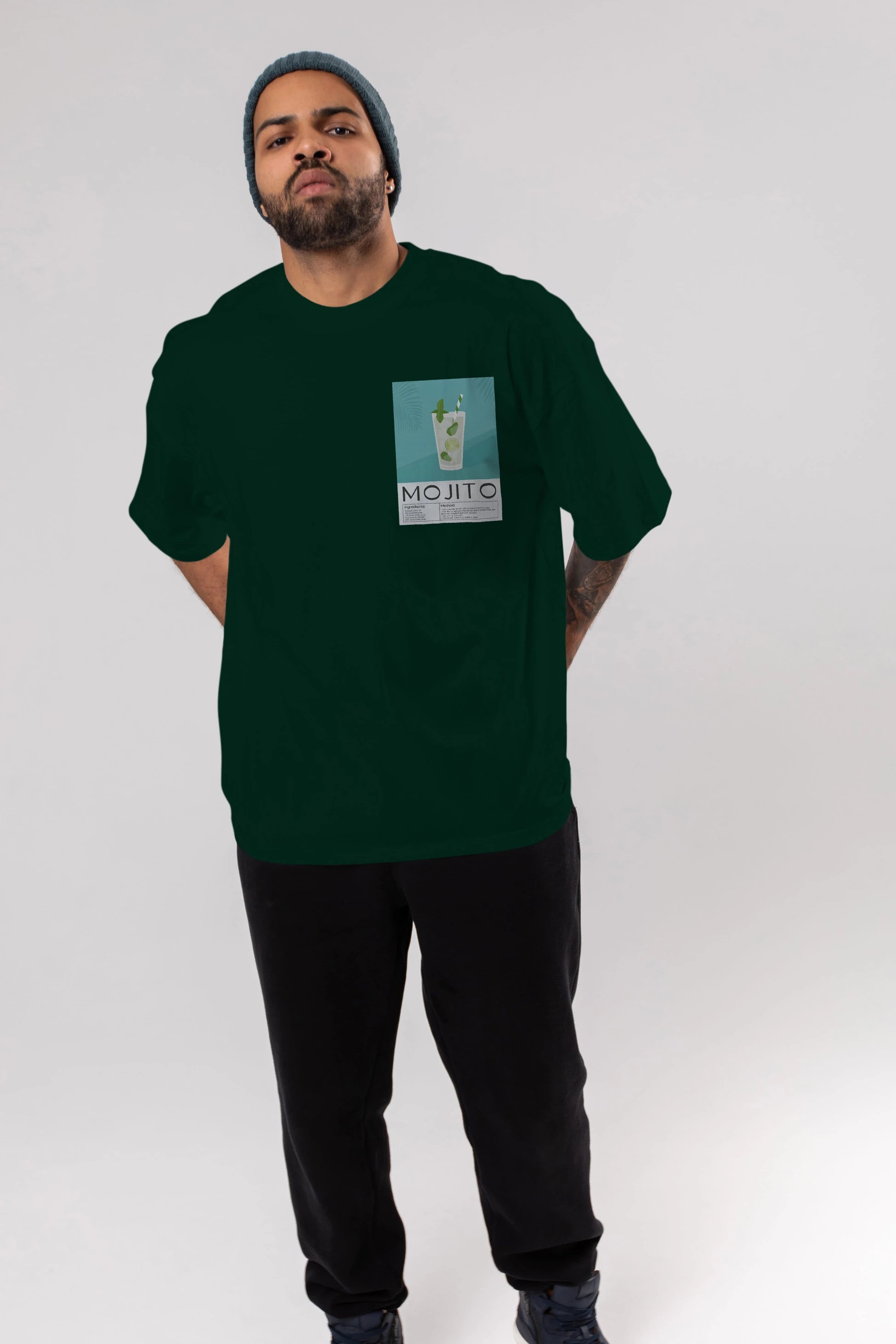 Mojito 4 Ön Sol Baskılı Oversize t-shirt Erkek Kadın Unisex %100 Pamuk Bisiklet Yaka tişort