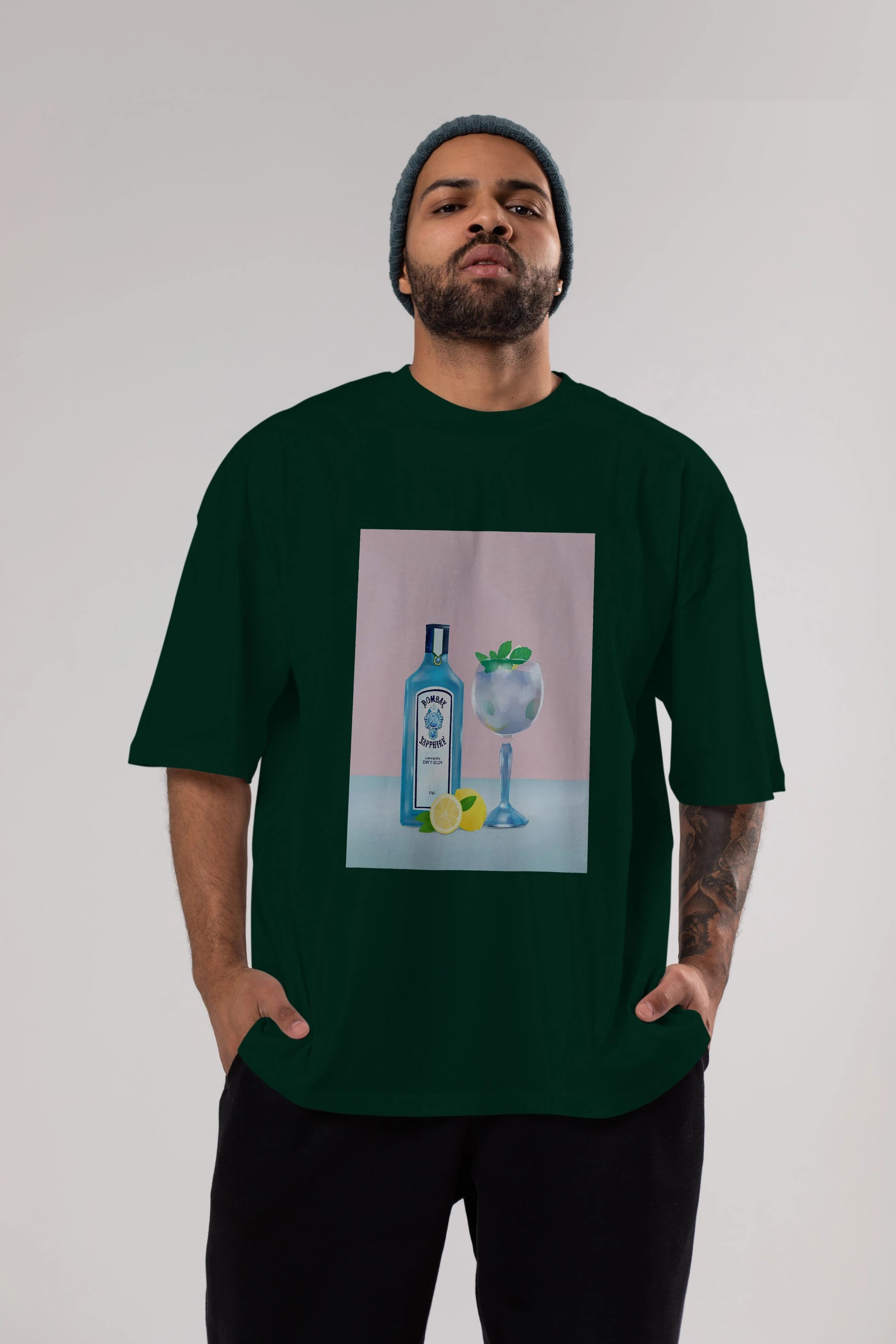 Bombay Sapphire Dry Gin Ön Baskılı Oversize t-shirt Erkek Kadın Unisex %100 Pamuk Bisiklet Yaka tişort