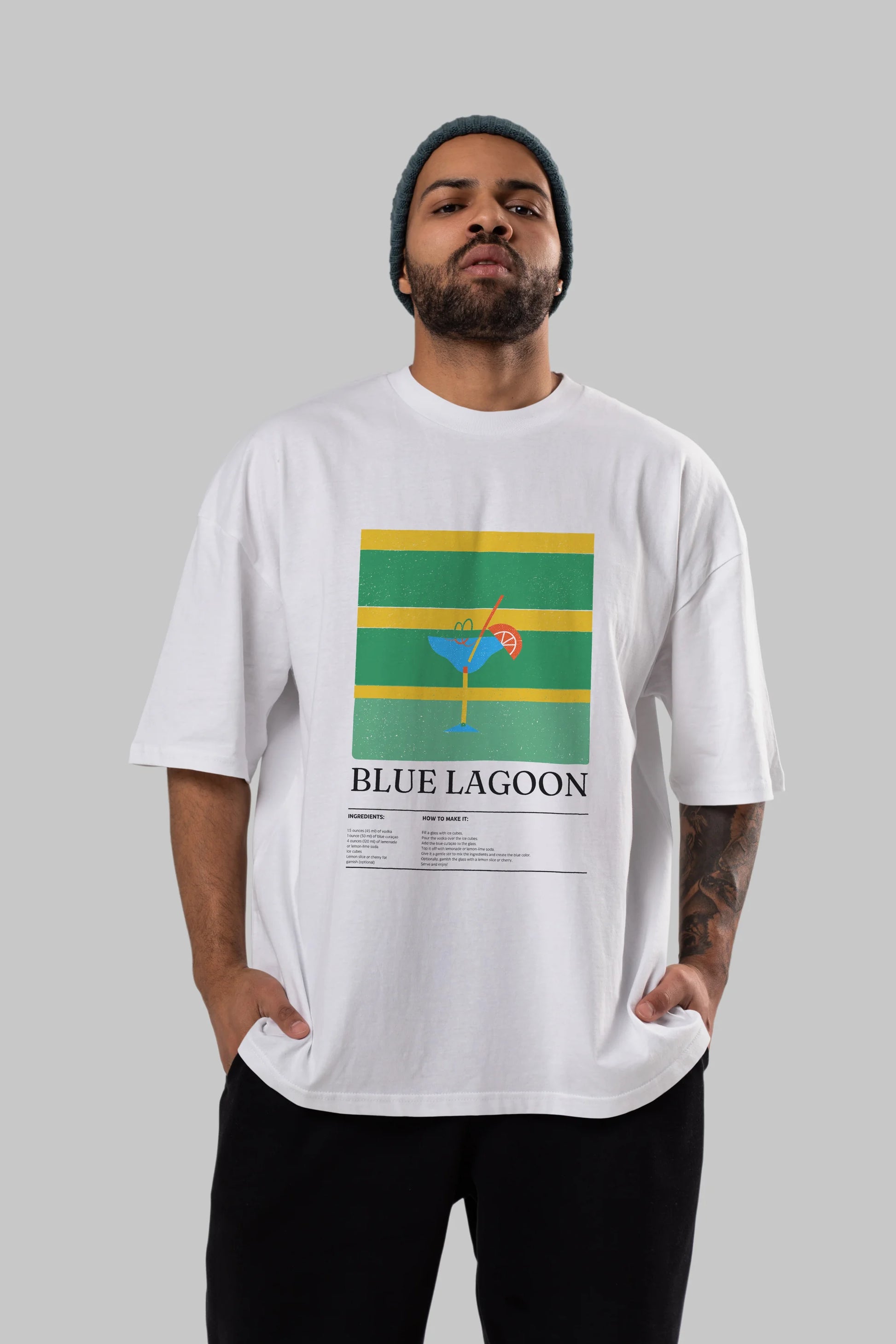 Blue Lagoon Kokteyl Ön Baskılı Oversize t-shirt Erkek Kadın %100 Pamuk Bisiklet Yaka tişort