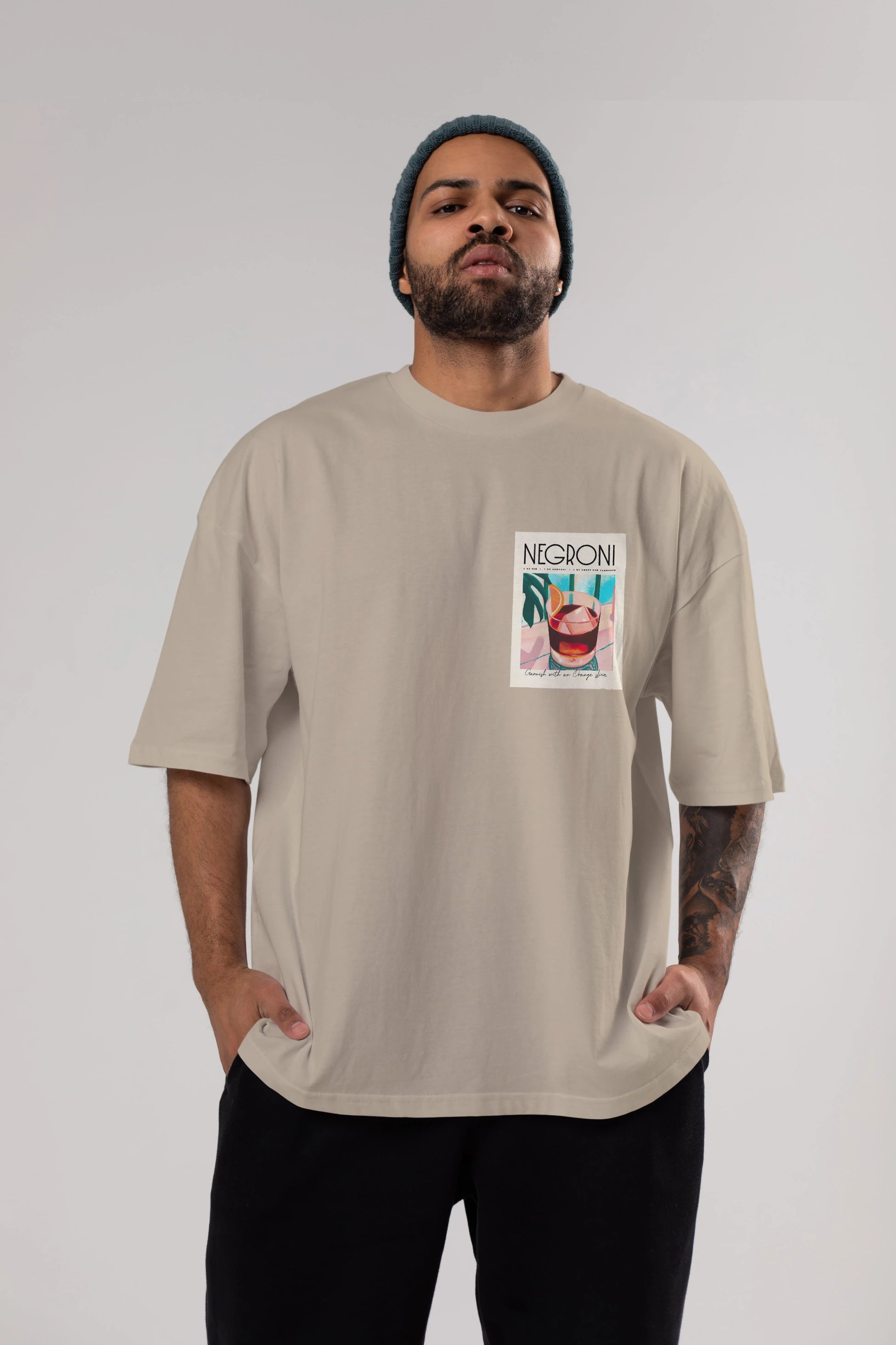 Negroni 4 Ön Sol Baskılı Oversize t-shirt Erkek Kadın Unisex %100 Pamuk Bisiklet Yaka tişort