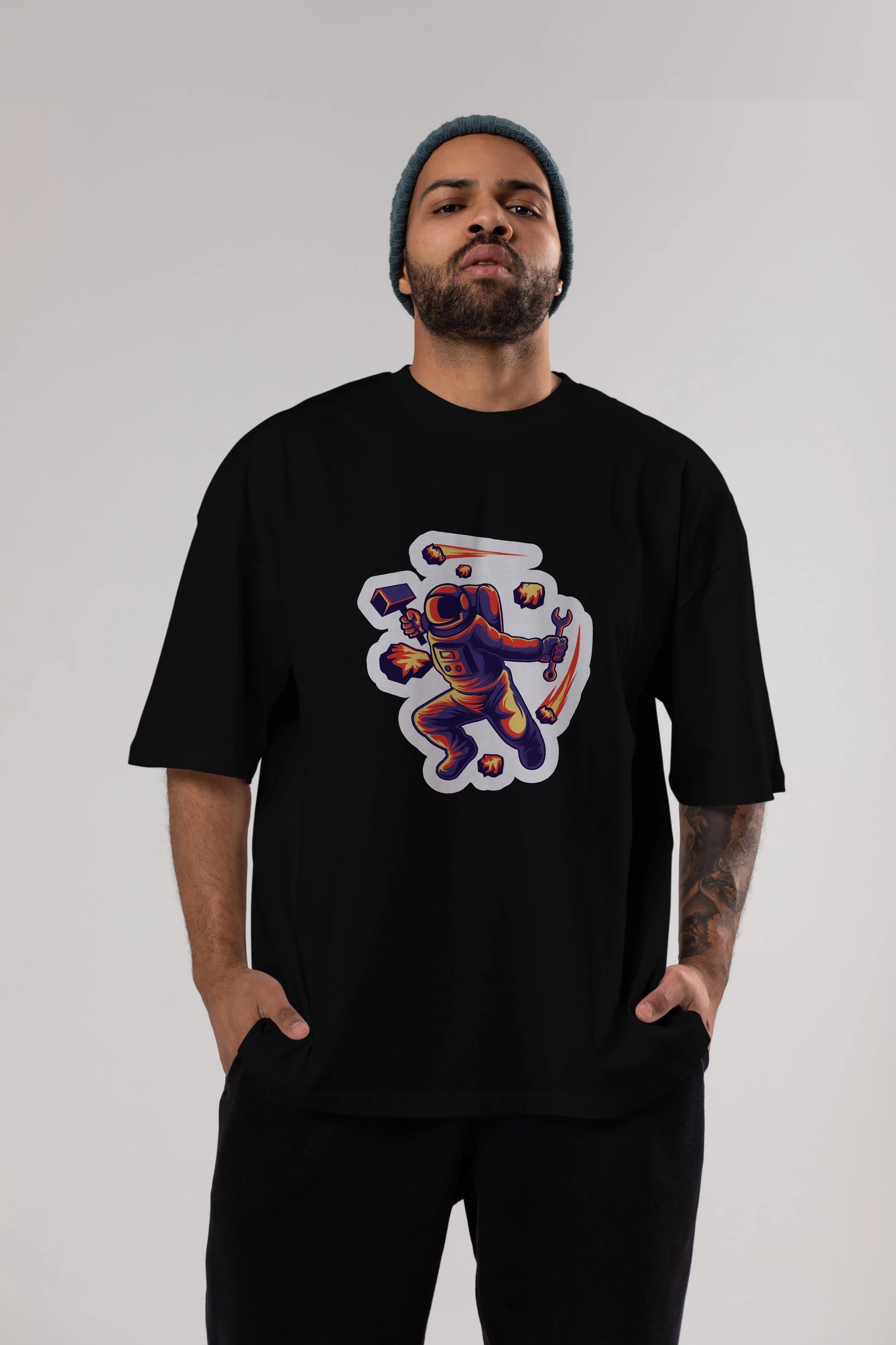 Astronaut Block Meteor Sticker Ön Baskılı Oversize t-shirt Erkek Kadın Unisex
