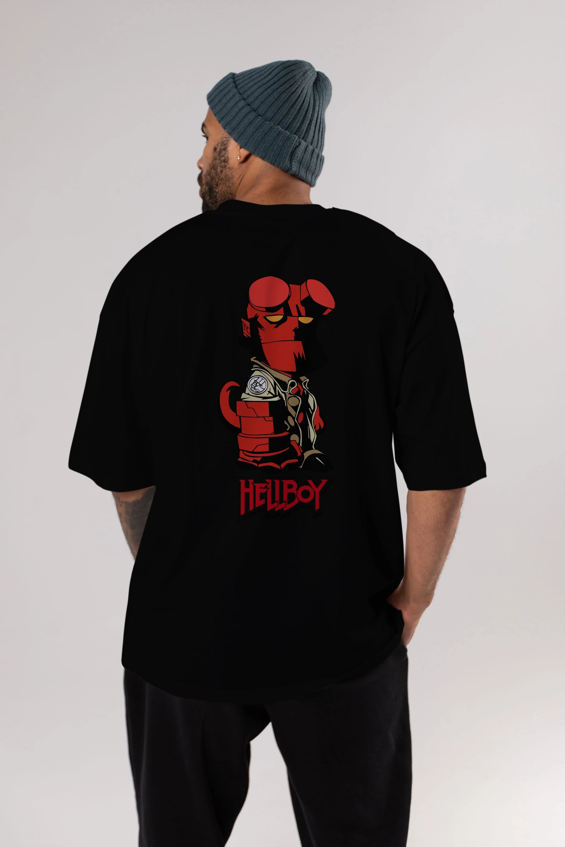 Hellboy (1) Arka Baskılı Oversize t-shirt Erkek Kadın Unisex %100 Pamuk Bisiklet Yaka tişort