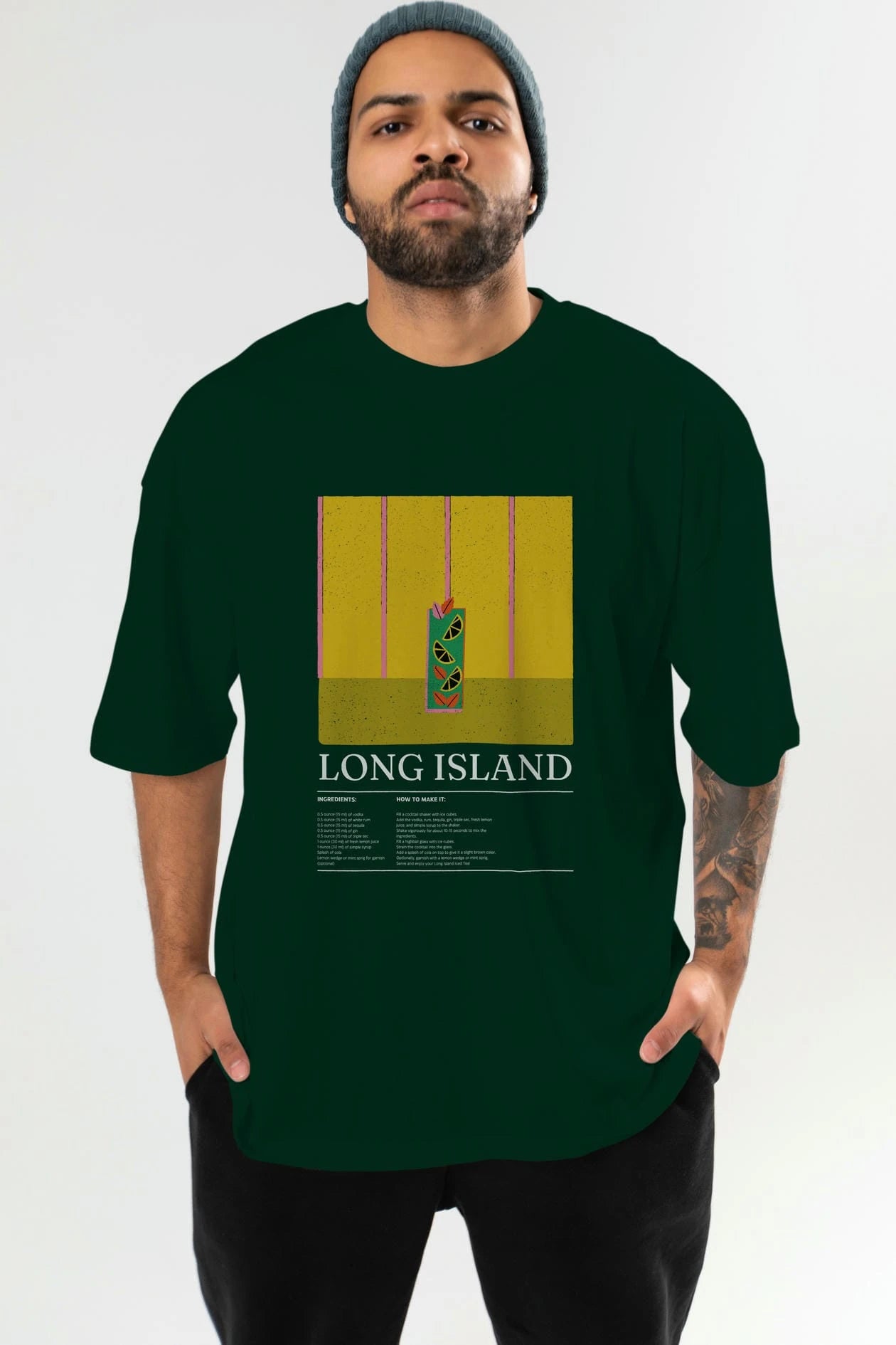 Long Island Kokteyl Ön Baskılı Oversize t-shirt Erkek Kadın %100 Pamuk Bisiklet Yaka tişort
