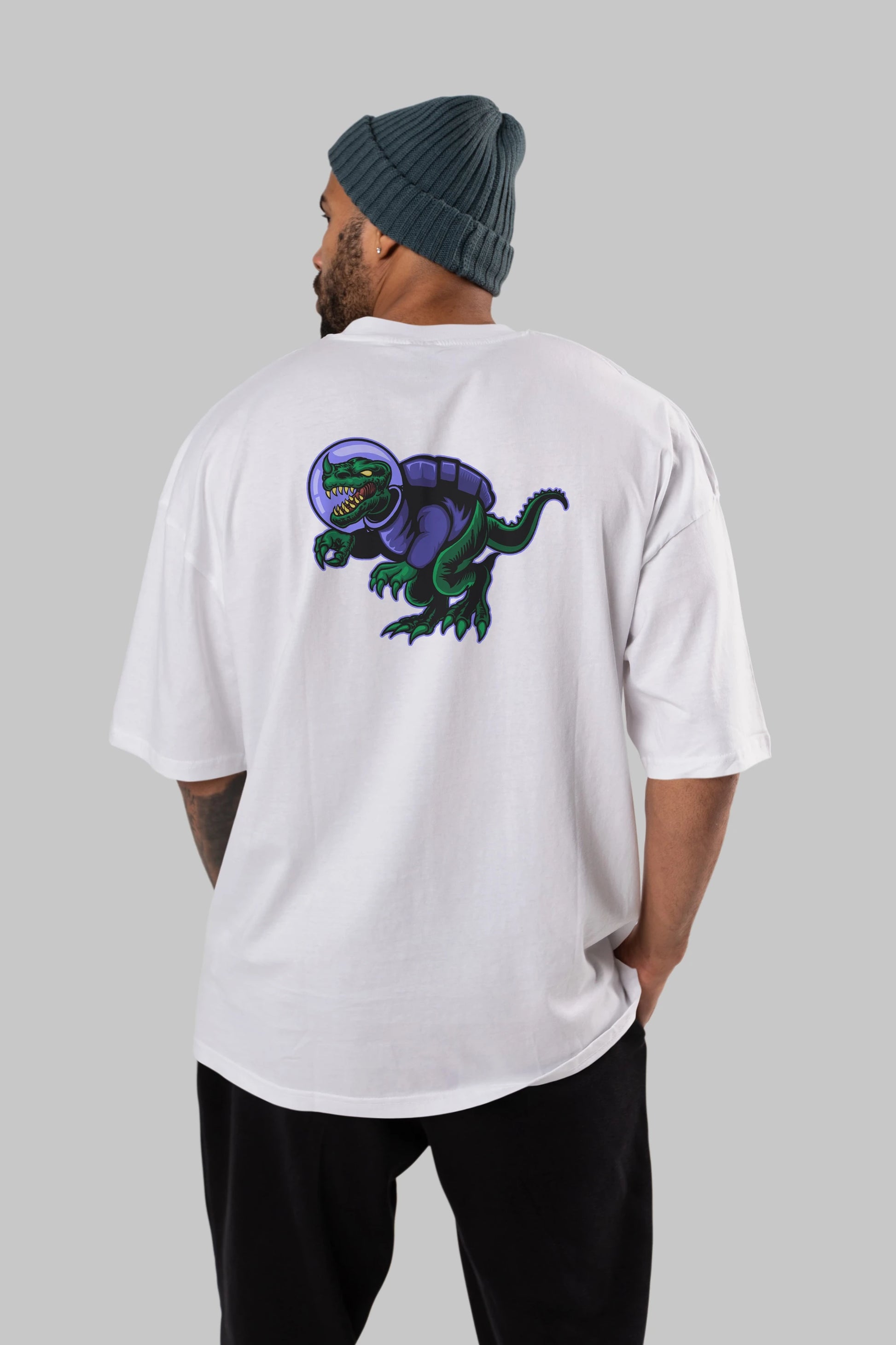 Space Dino Arka Baskılı Oversize t-shirt Erkek Kadın Unisex