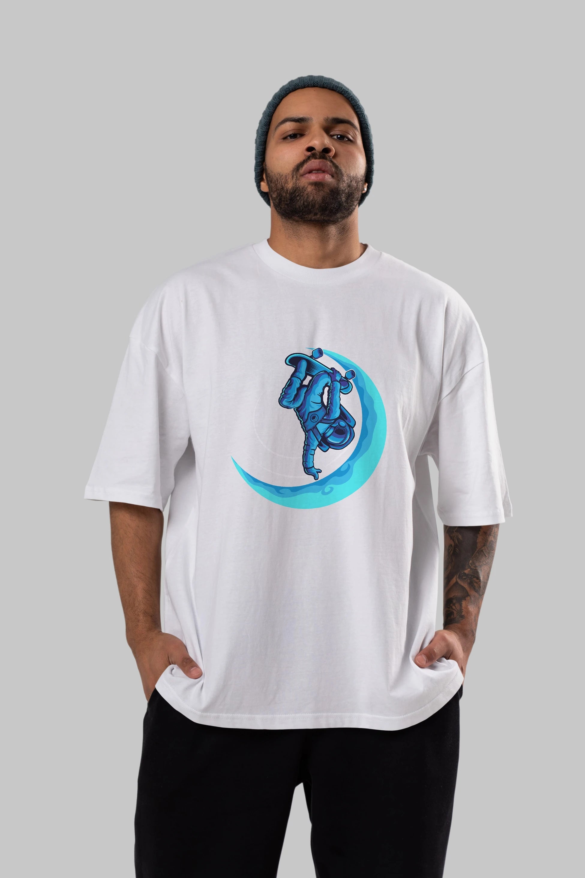Skating on the moon Ön Baskılı Oversize t-shirt Erkek Kadın Unisex