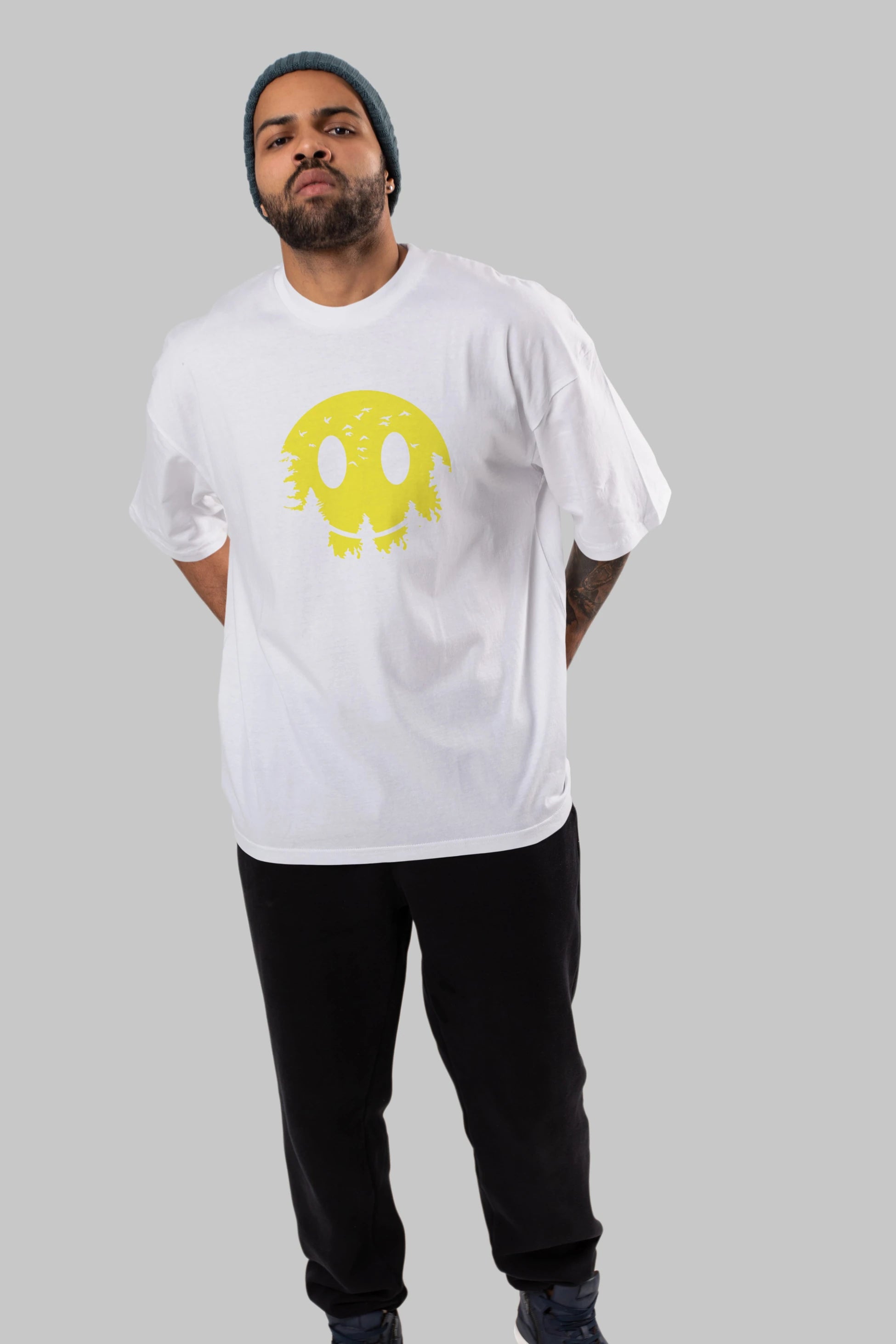 Smiley Moon Ön Baskılı Oversize t-shirt %100 pamuk Erkek Kadın Unisex
