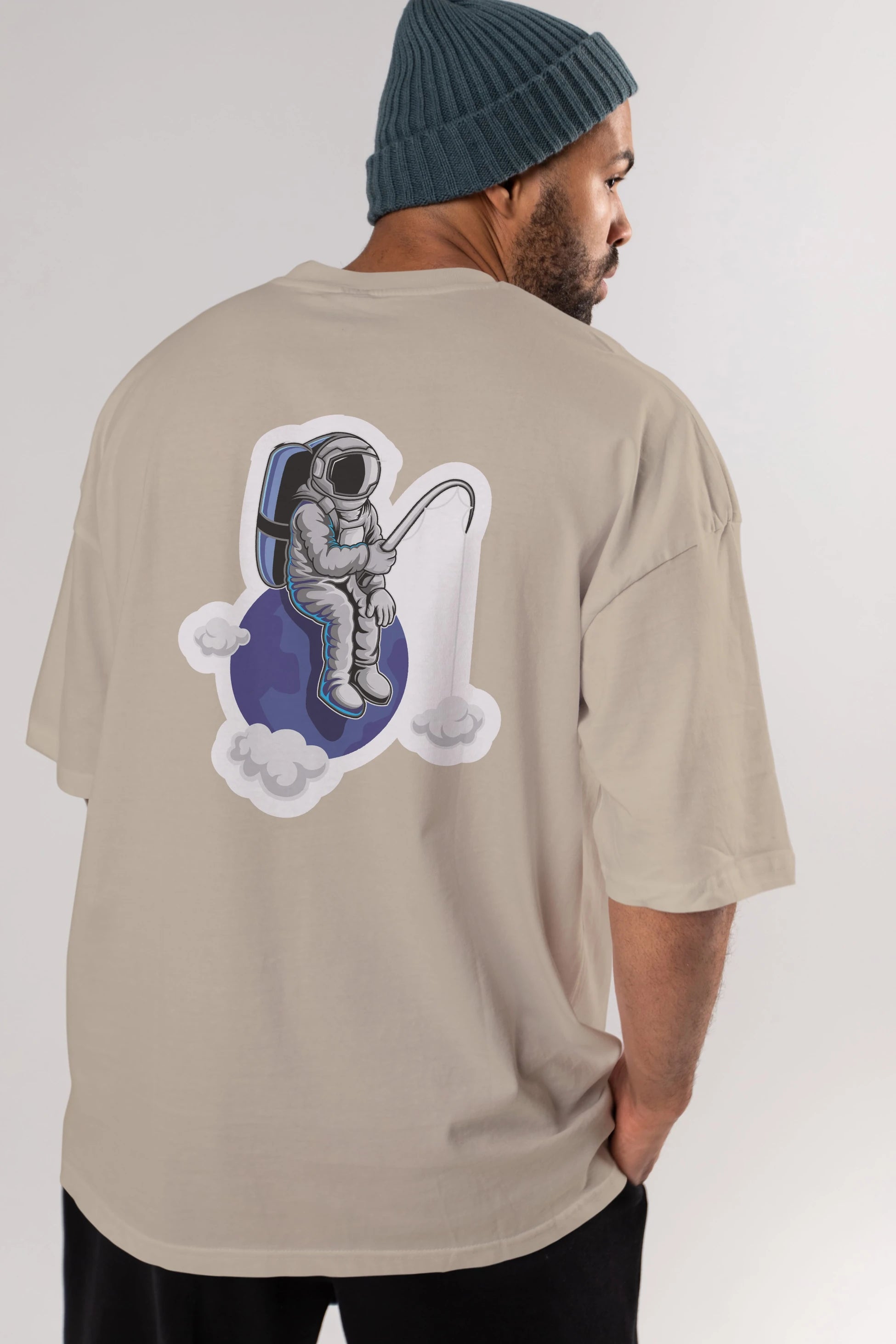 Astronaut Fishing Sticker Arka Baskılı Oversize t-shirt Erkek Kadın Unisex