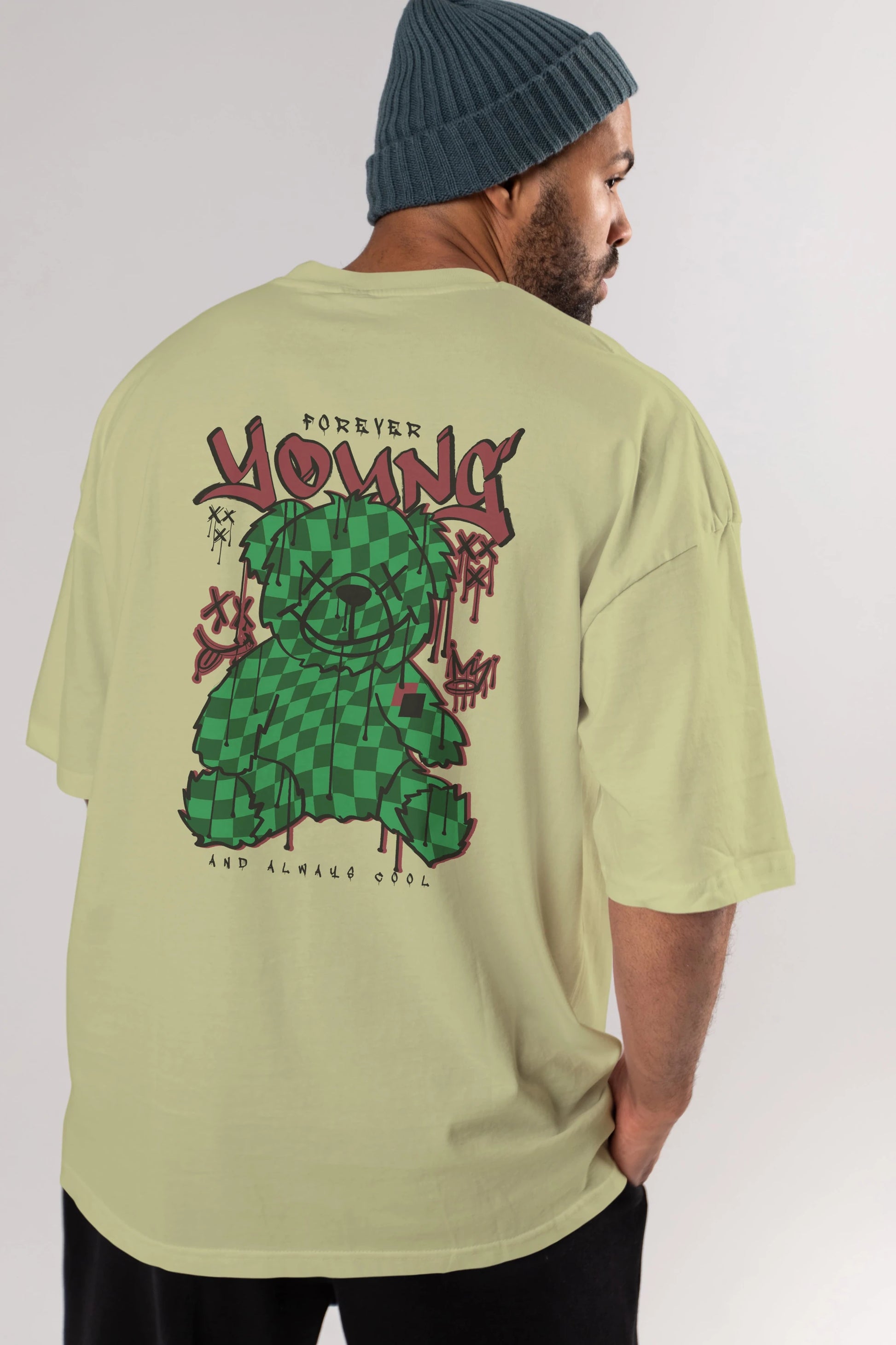 Young and Always Cool Bear Arka Baskılı Oversize t-shirt Erkek Kadın Unisex
