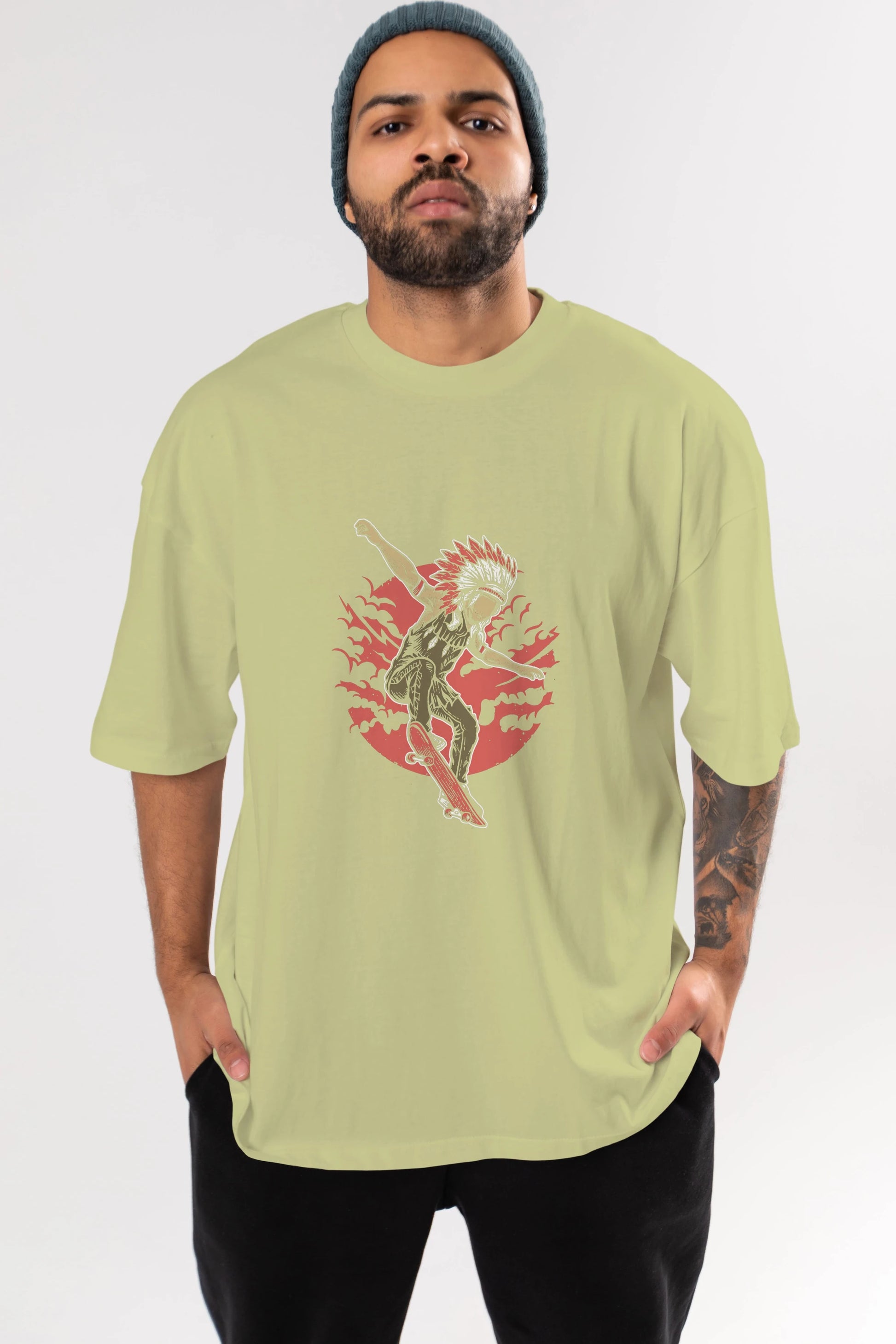 Indian Chief Skateboard Ön Baskılı Oversize t-shirt Erkek Kadın Unisex %100 Pamuk tişort