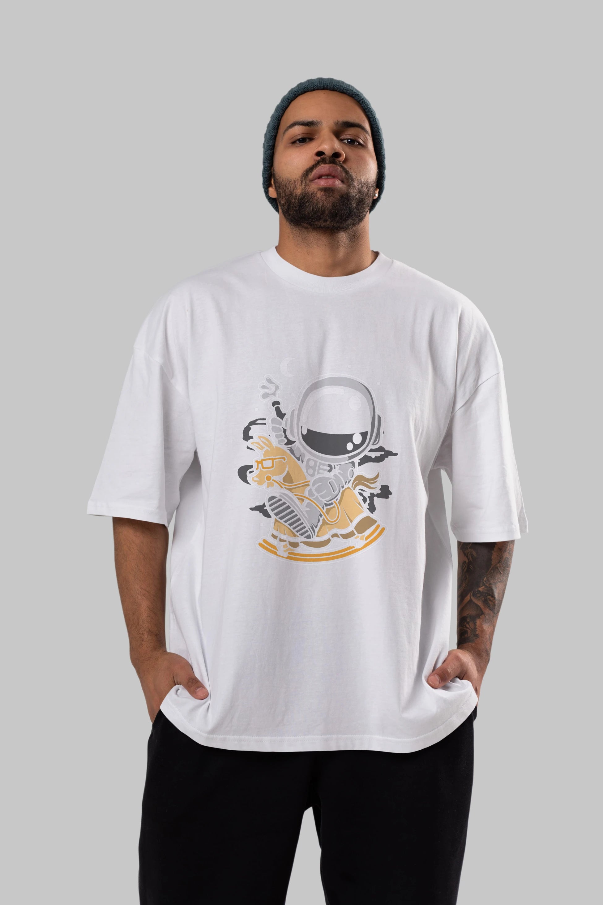 Astronaut RidingToy Horse Ön Baskılı Oversize t-shirt Erkek Kadın Unisex