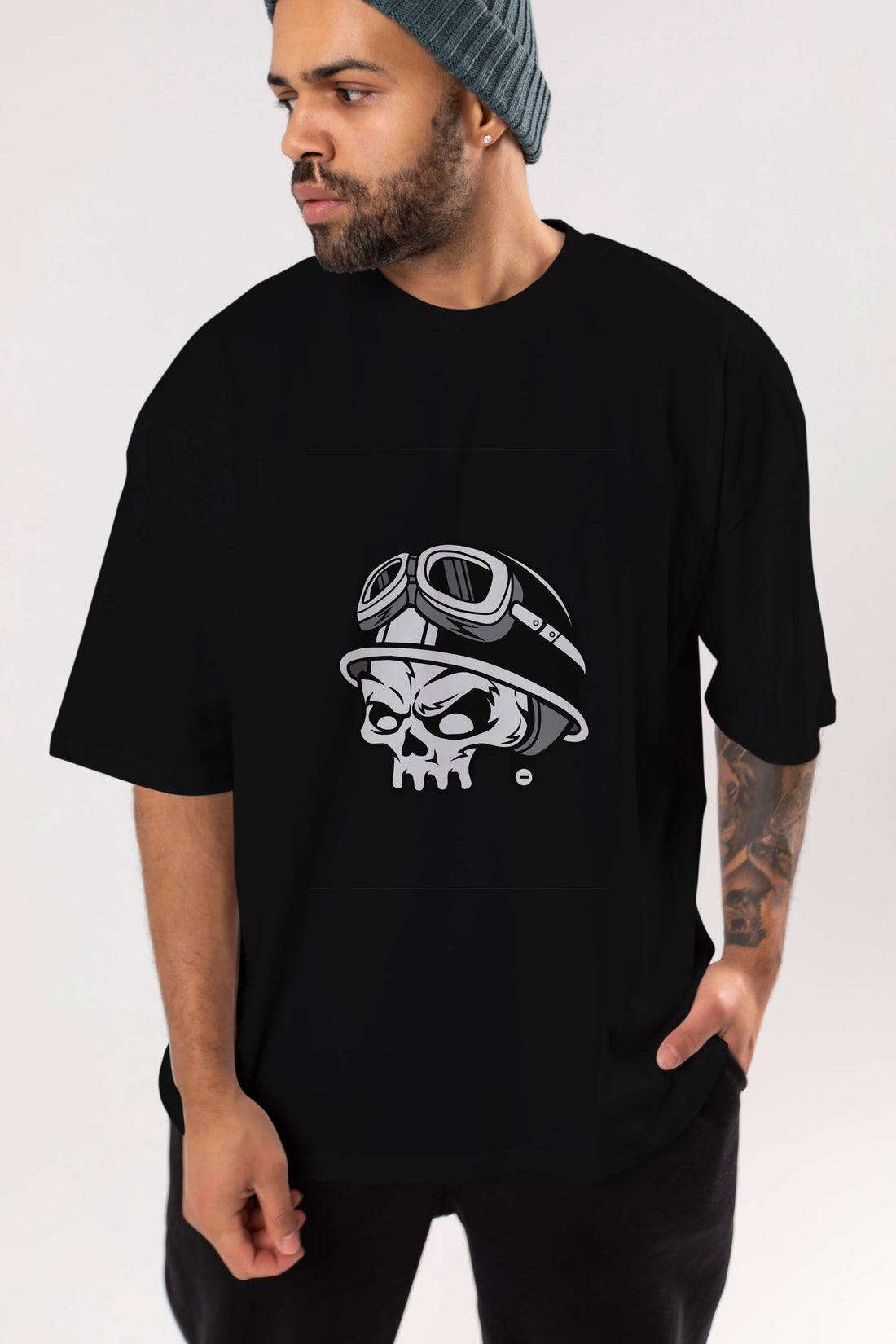Biker Helmet Ön Baskılı Oversize t-shirt Erkek Kadın Unisex %100 Pamuk tişort