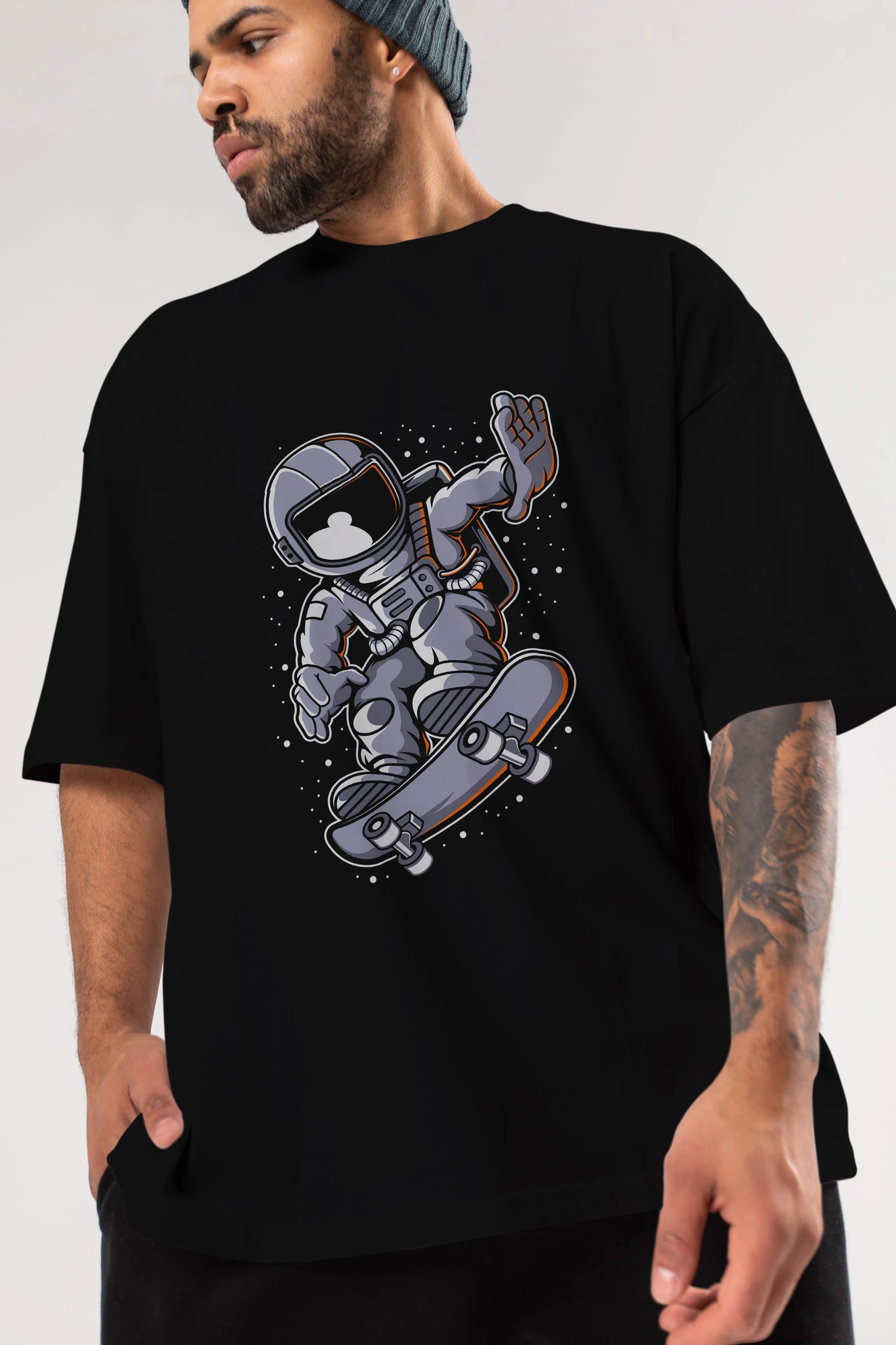 Astronaut Skateboard Ön Baskılı Oversize t-shirt Erkek Kadın Unisex
