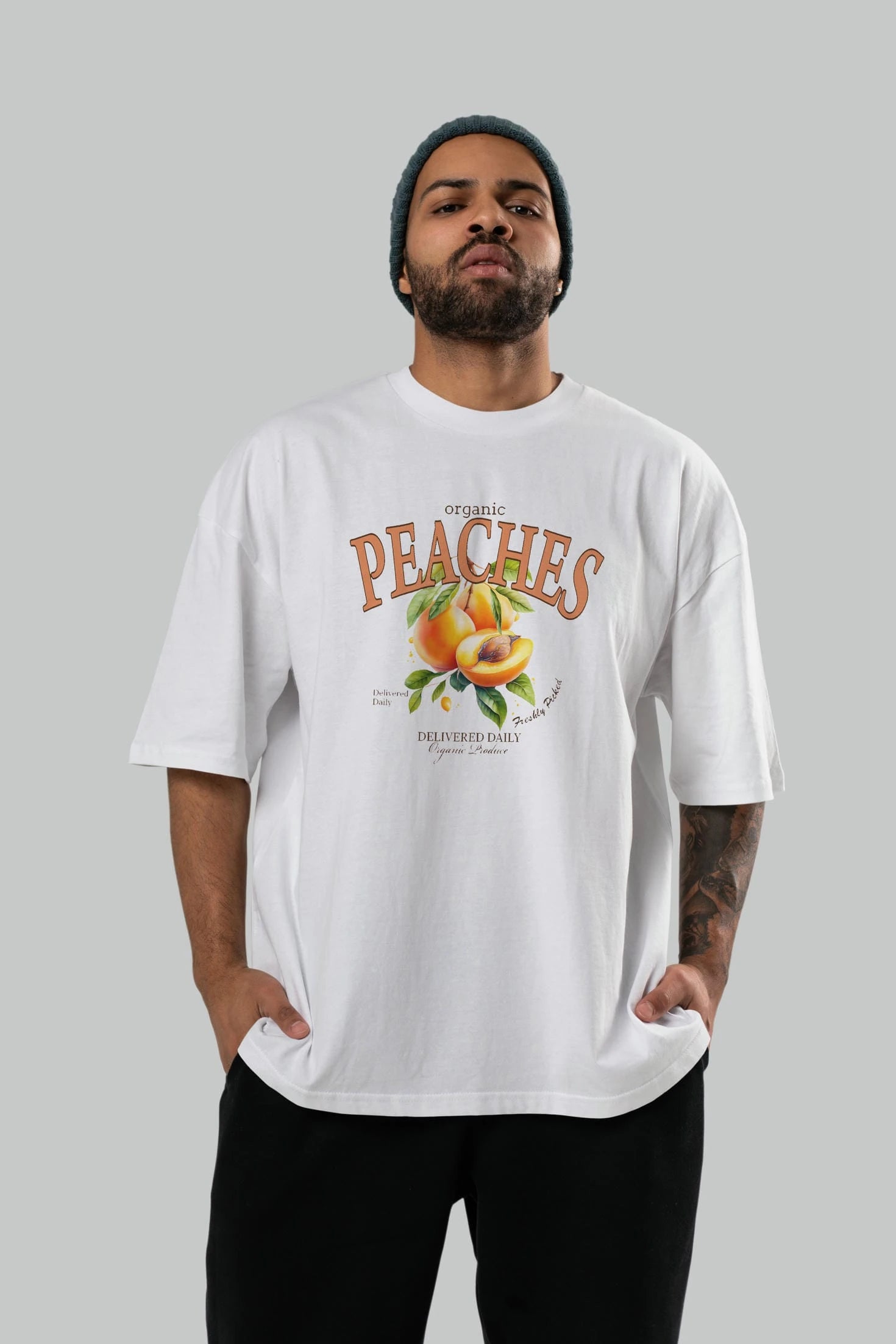 Peaches Ön Baskılı Oversize t-shirt Erkek Kadın Pamuk Bisiklet Yaka tişort