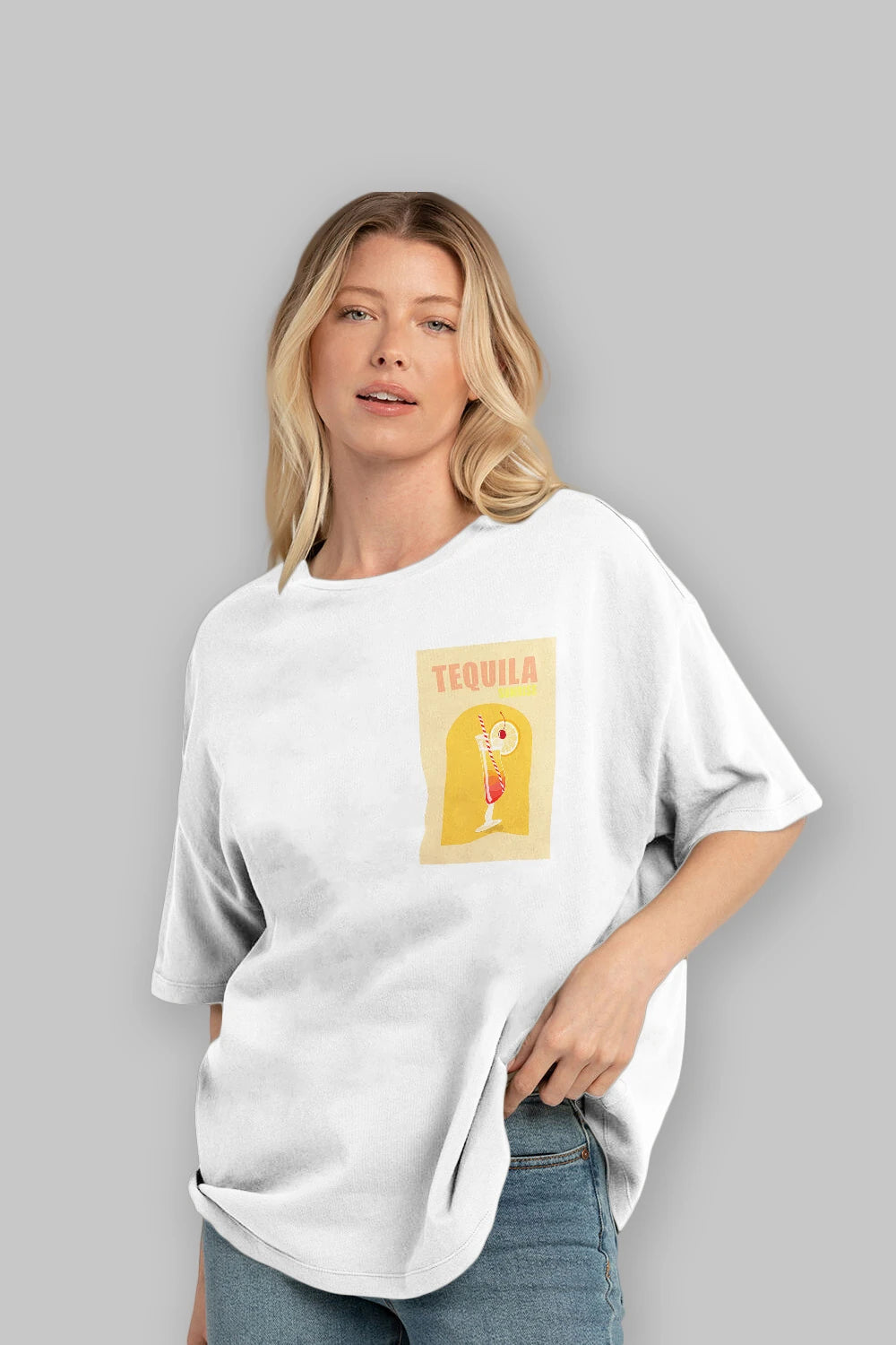 Tequila Sunrise Ön Sol Baskılı Oversize t-shirt Erkek Kadın Unisex %100 Pamuk Bisiklet Yaka tişort