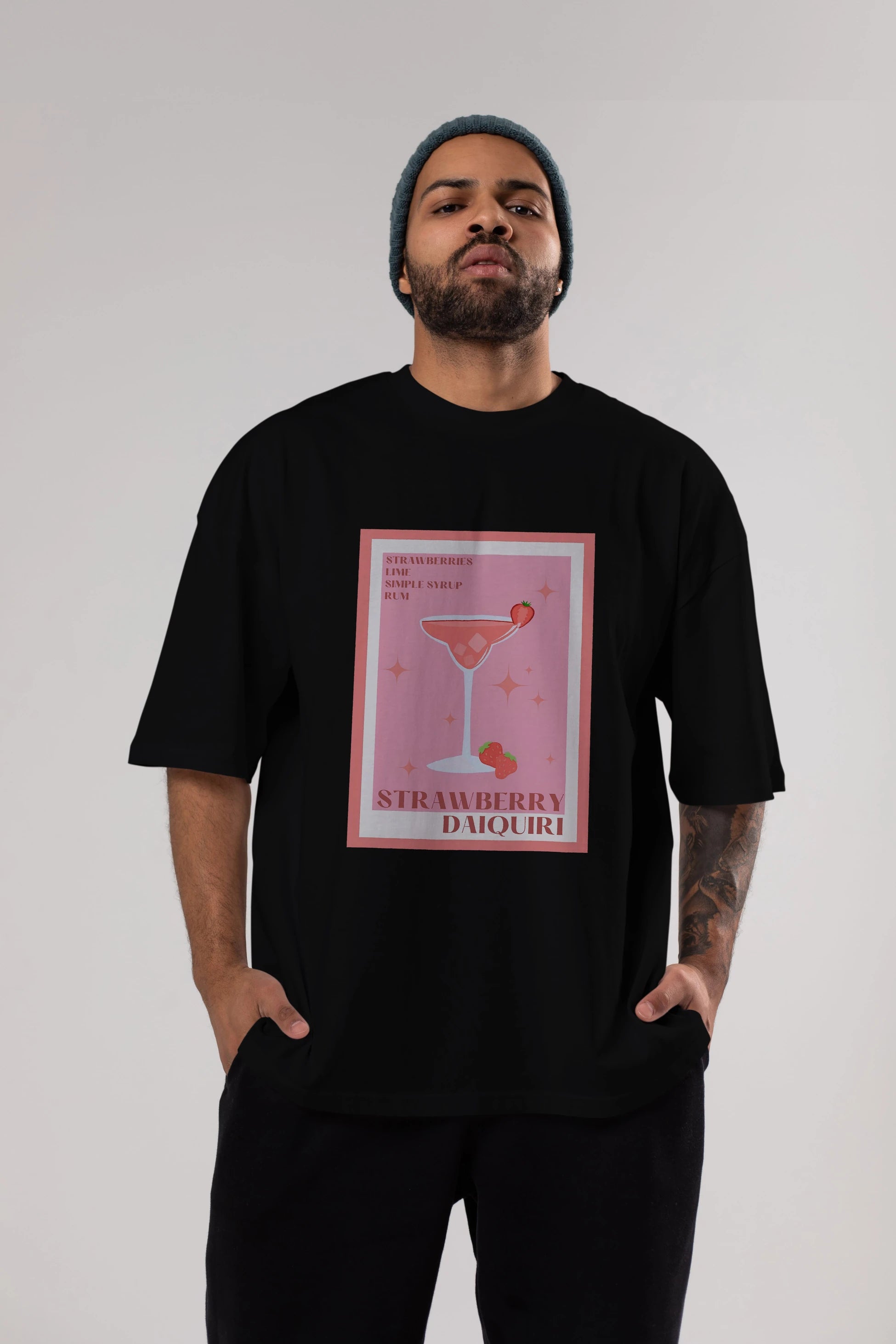 Strawberry Daiquiri Ön Baskılı Oversize t-shirt Erkek Kadın Unisex %100 Pamuk Bisiklet Yaka tişort