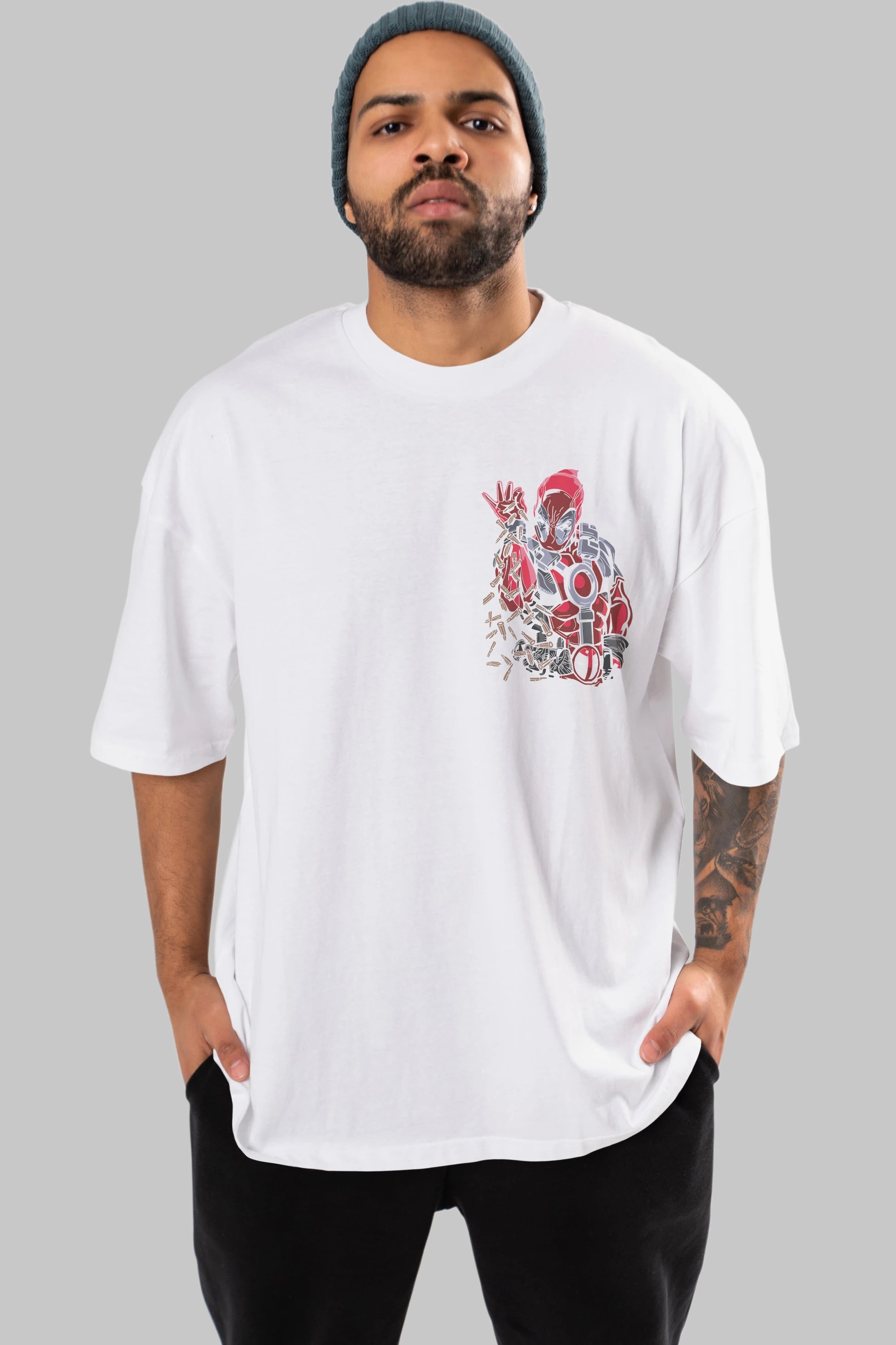 Deadpool (2) Ön Sol Baskılı Oversize t-shirt Erkek Kadın Unisex %100 Pamuk Bisiklet Yaka tişort