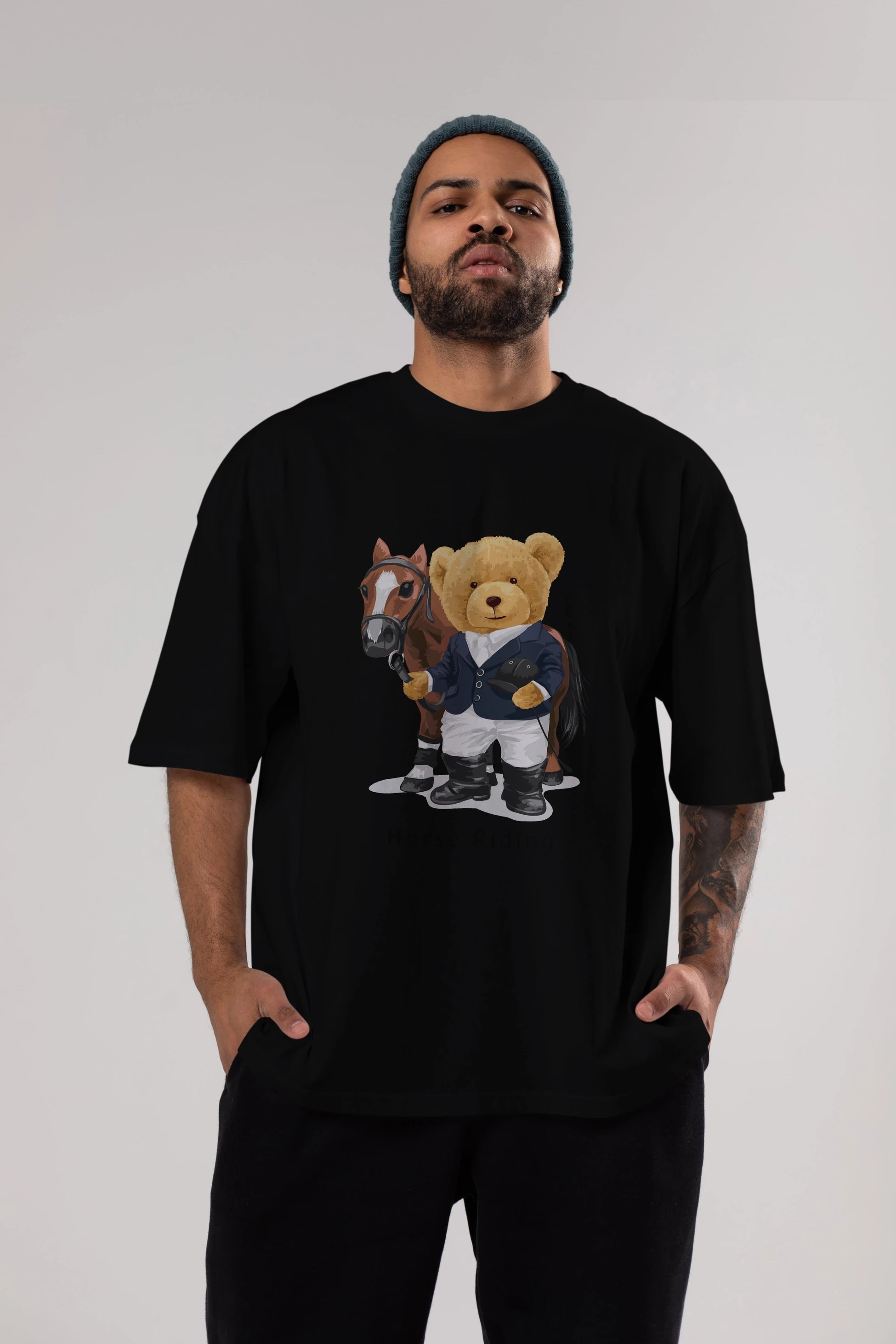 Teddy Bear Horse Riding Ön Baskılı Oversize t-shirt Erkek Kadın Unisex %100 Pamuk