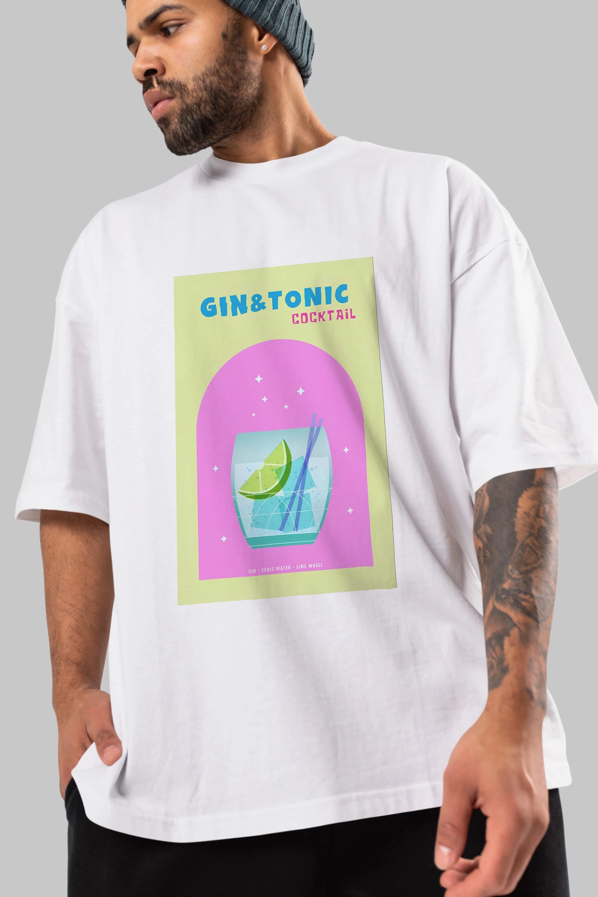 Gin Tonic Cocktail Ön Baskılı Oversize t-shirt Erkek Kadın Unisex %100 Pamuk Bisiklet Yaka tişort