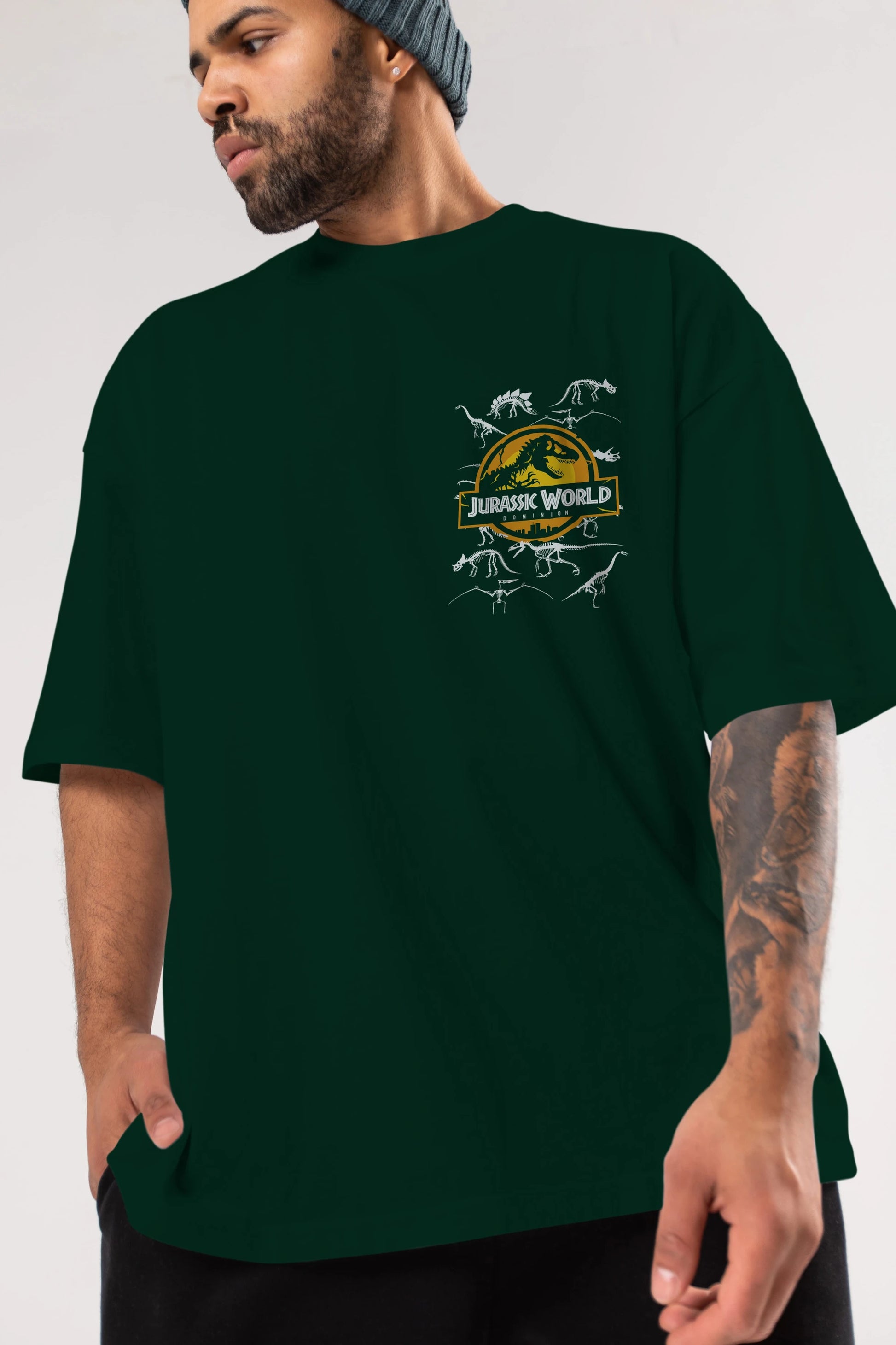 Jurassic Park (5) Ön Sol Baskılı Oversize t-shirt Erkek Kadın Unisex %100 Pamuk Bisiklet Yaka tişort