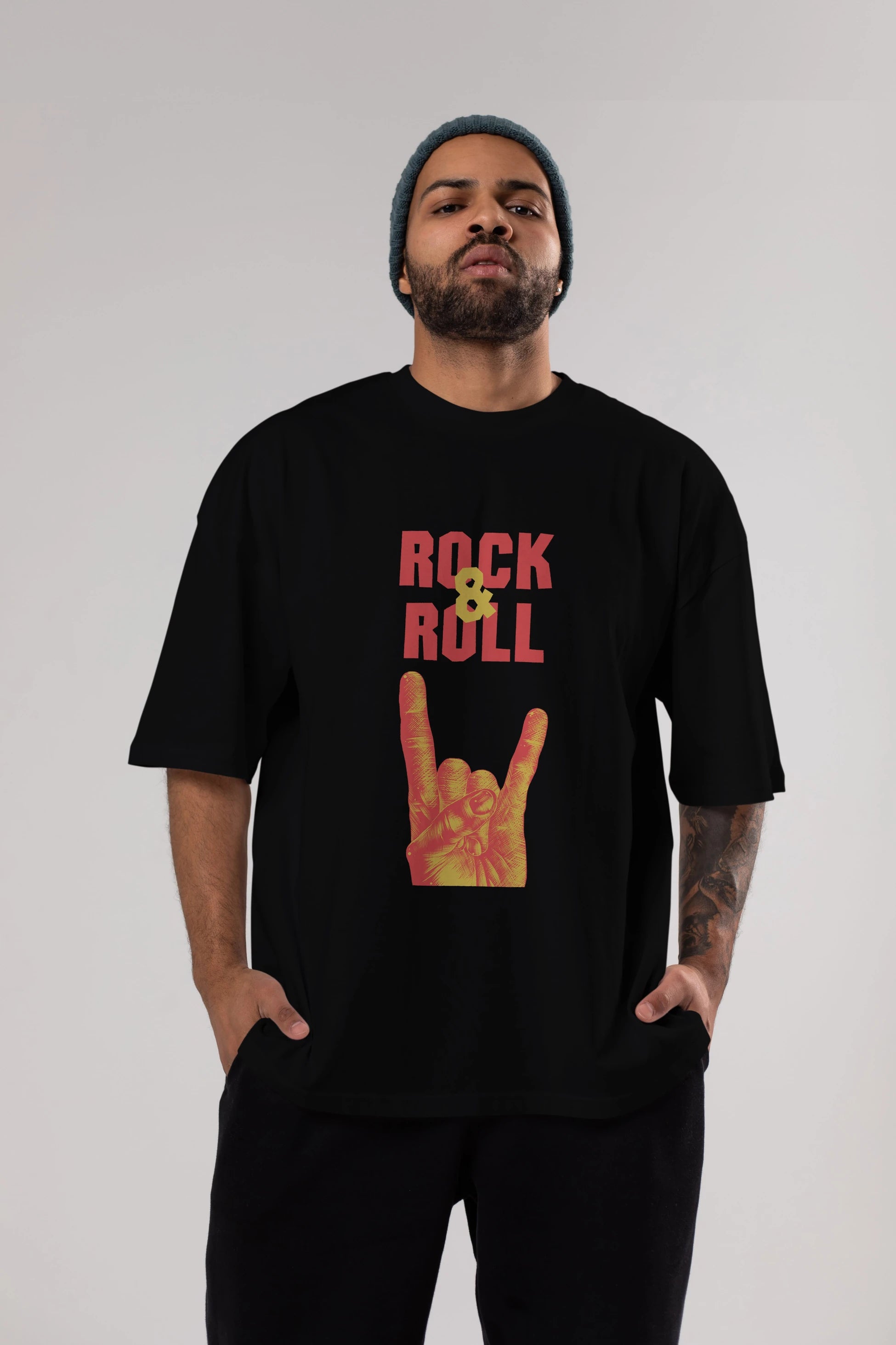 Rock & Roll Yazılı Ön Baskılı Oversize t-shirt Erkek Kadın Unisex