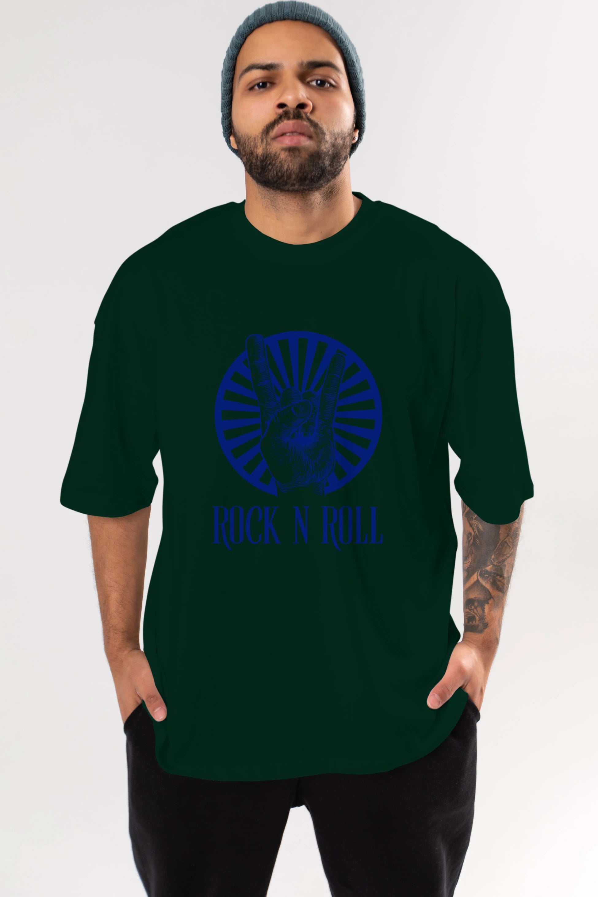 Rock N Roll Yazılı Ön Baskılı Oversize t-shirt Erkek Kadın Unisex