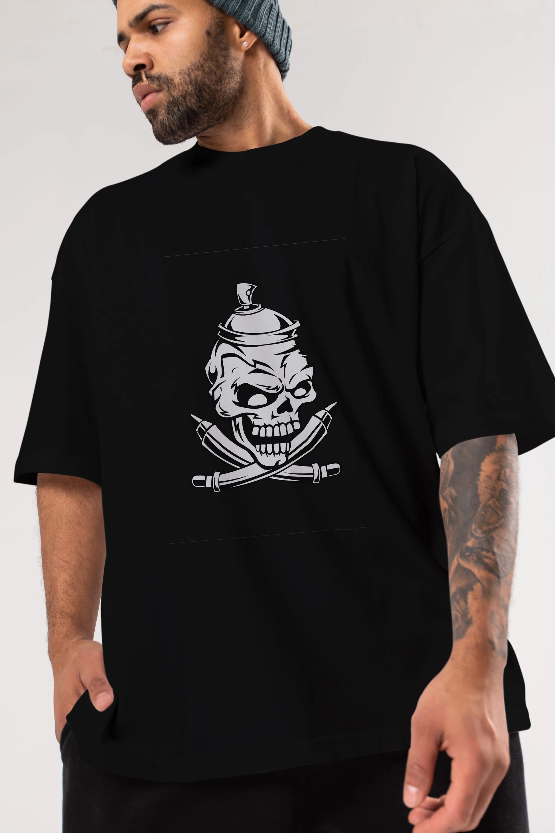Skull Grafity Ön Baskılı Oversize t-shirt Erkek Kadın Unisex %100 Pamuk tişort