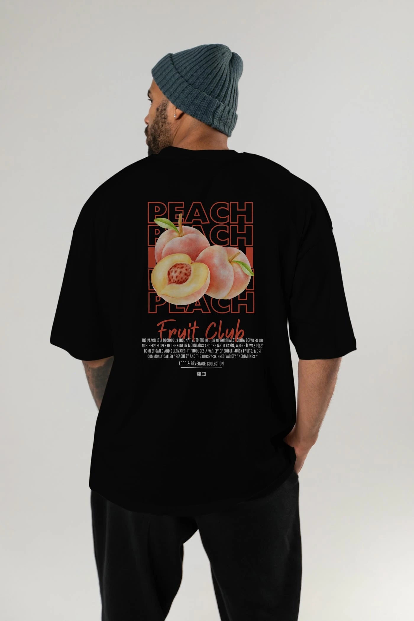 Peach Arka Baskılı Oversize t-shirt Erkek Kadın Pamuk Bisiklet Yaka tişort