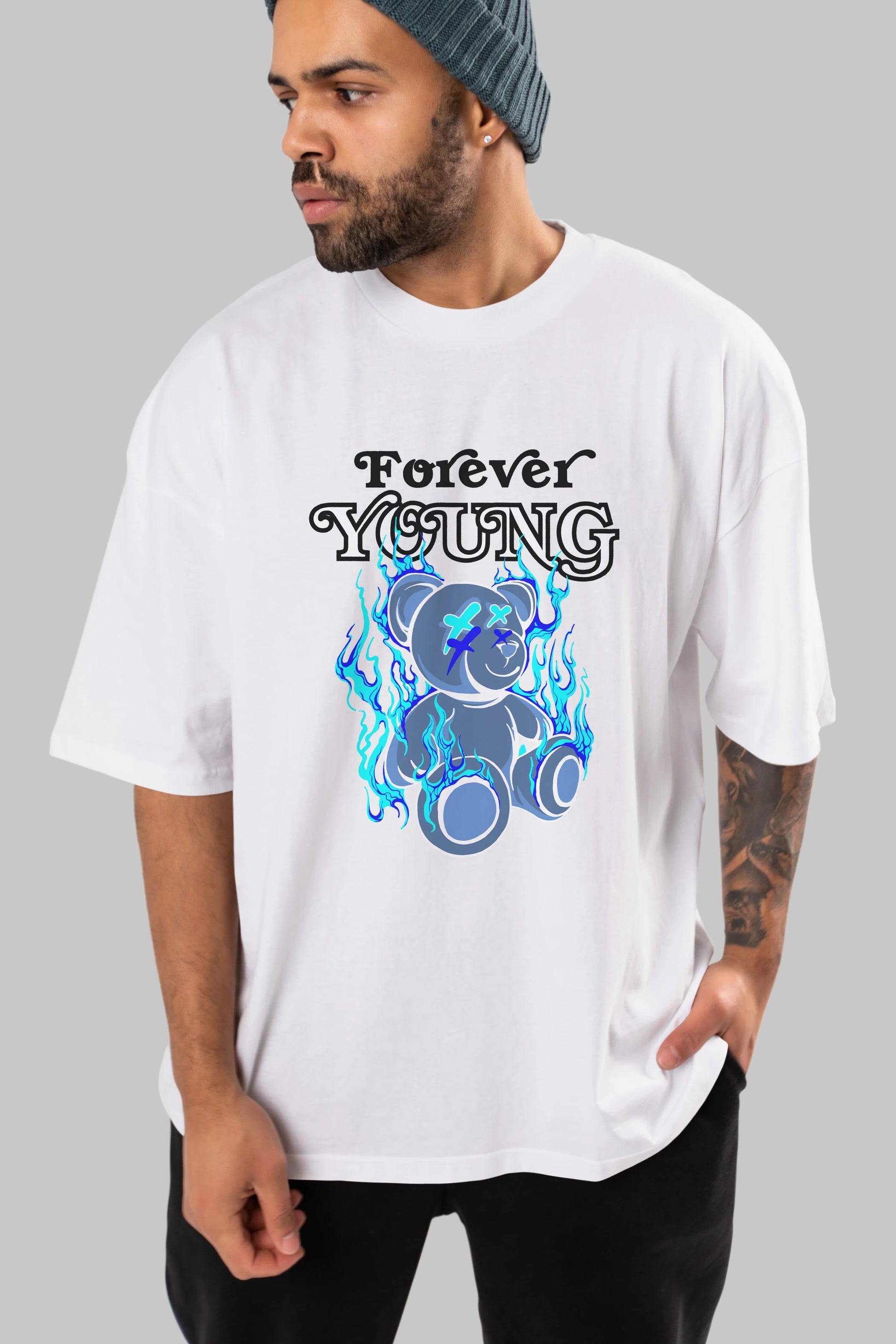 Forever Young Bear Ön Baskılı Oversize t-shirt Erkek Kadın Unisex