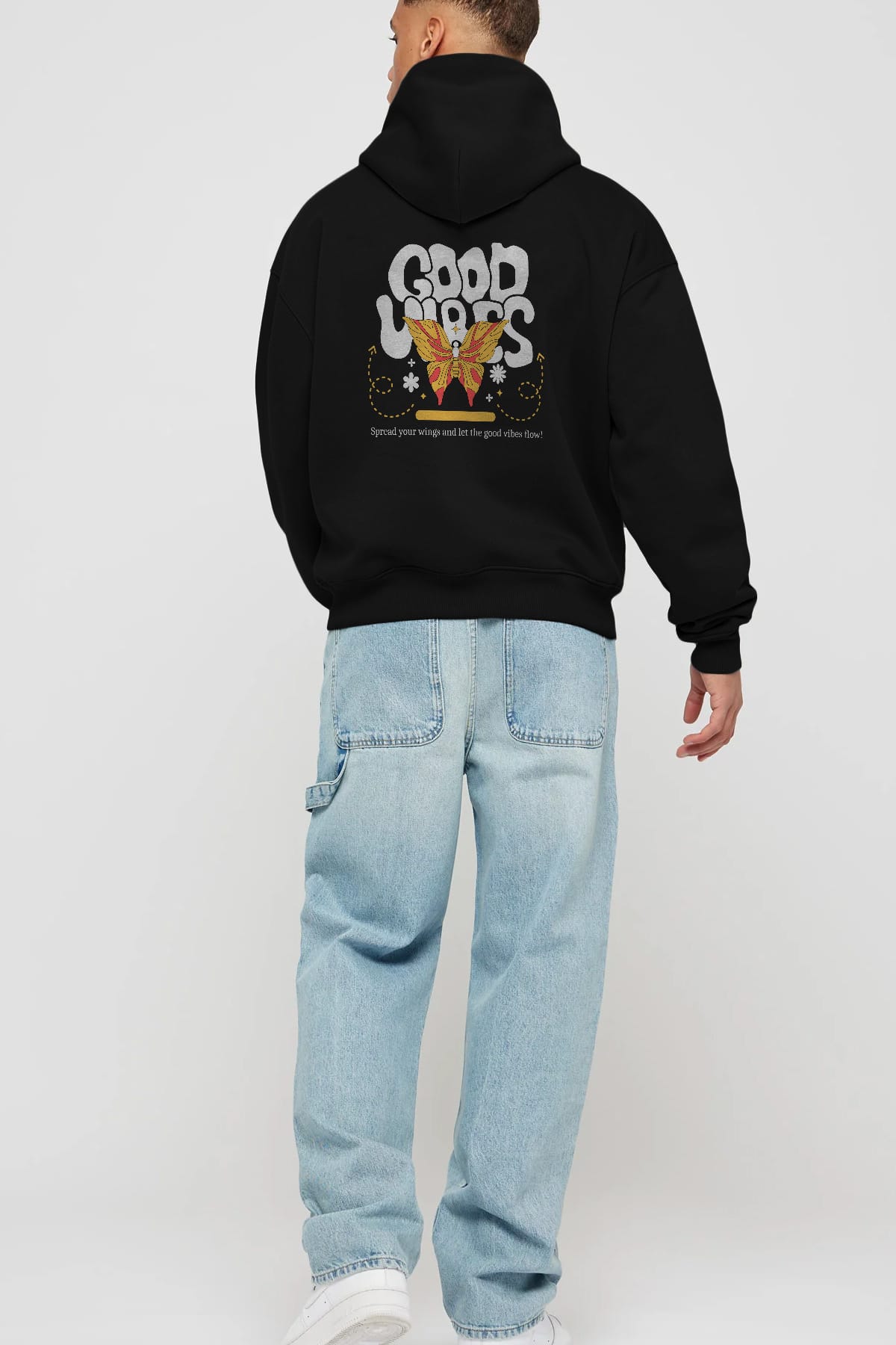 Good Vibes Yazılı 4 Arka Baskılı Oversize Hoodie Kapüşonlu Sweatshirt Erkek Kadın Unisex
