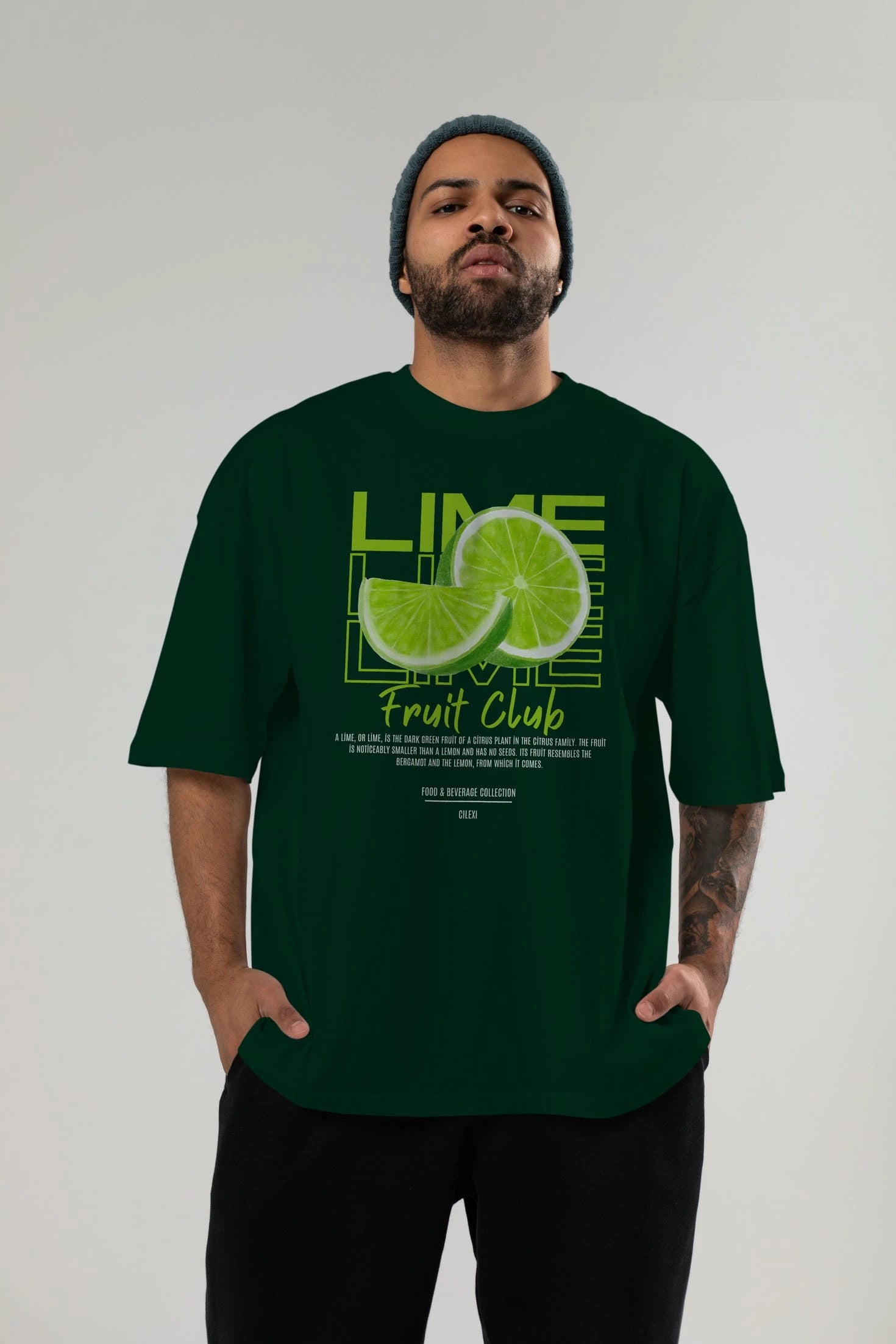 Lime Ön Baskılı Oversize t-shirt Erkek Kadın Pamuk Bisiklet Yaka tişort