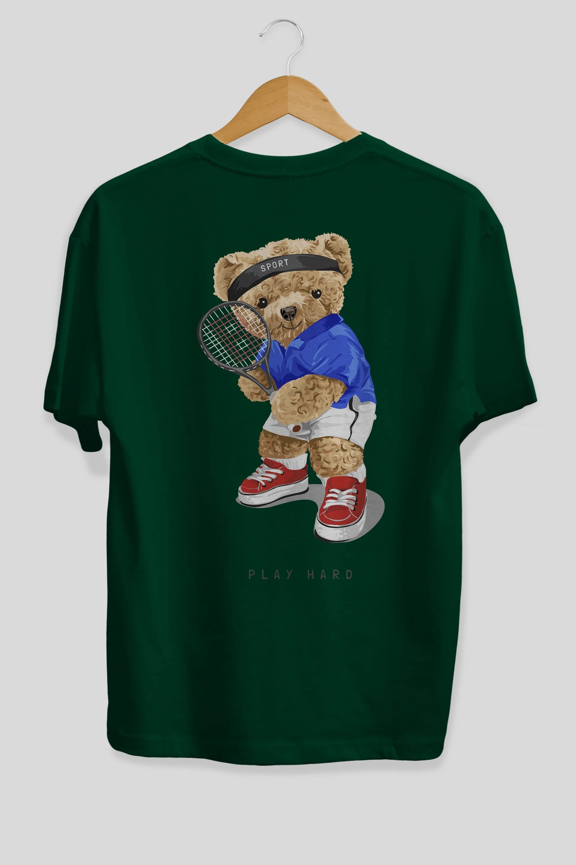 Teddy Bear Play Hard Arka Baskılı Oversize t-shirt Erkek Kadın Unisex %100 Pamuk