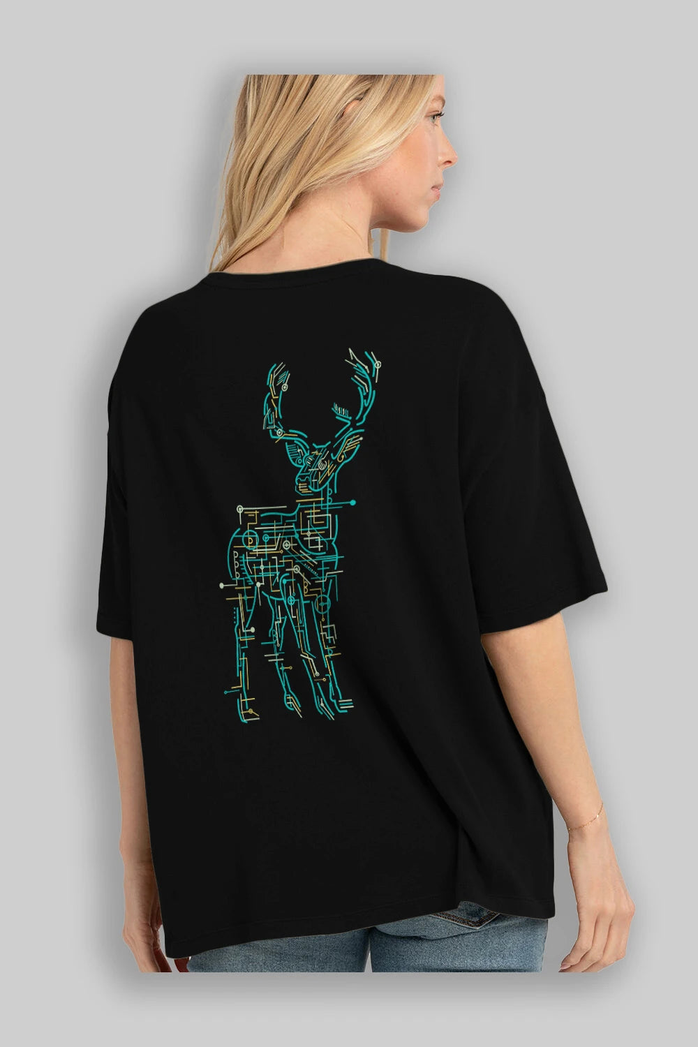Electric Deer Arka Baskılı Oversize t-shirt %100 pamuk Erkek Kadın Unisex