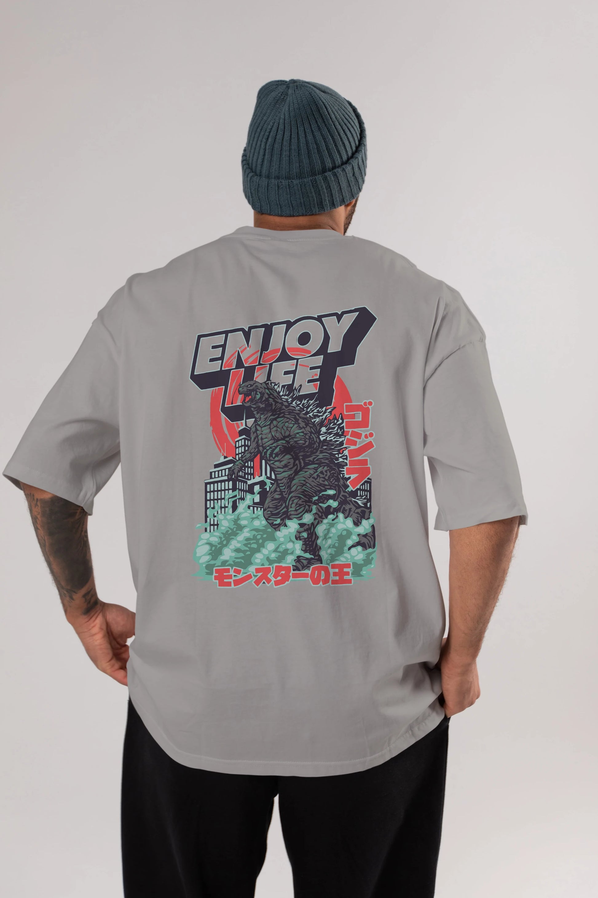 Godzilla Arka Baskılı Oversize t-shirt Erkek Kadın Unisex %100 Pamuk Bisiklet Yaka tişort