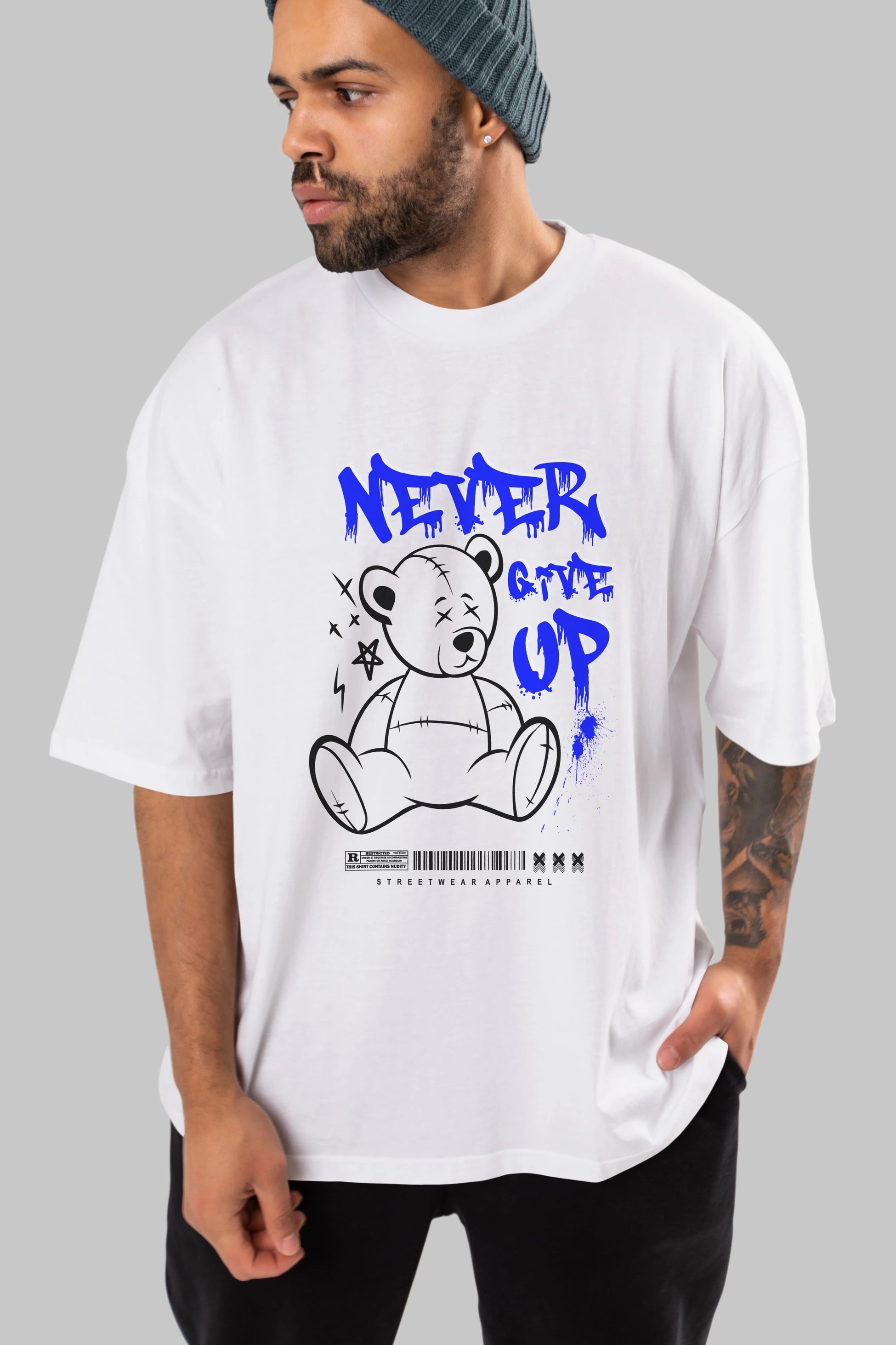 Teddy Bear Never Give Up Ön Baskılı Oversize t-shirt Erkek Kadın Unisex