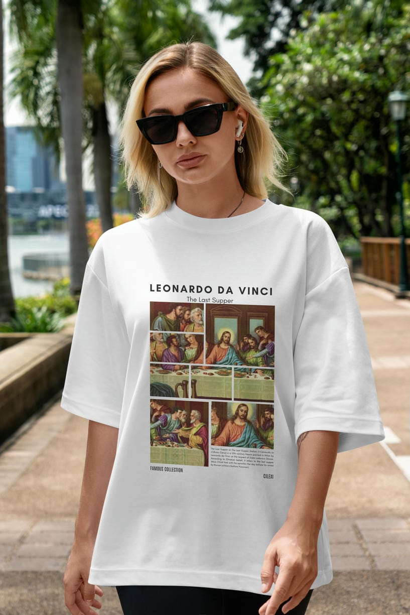 Leonardo Da Vinci ön Baskılı Oversize t-shirt Erkek Kadın Bisiklet Yaka Pamuk tişort