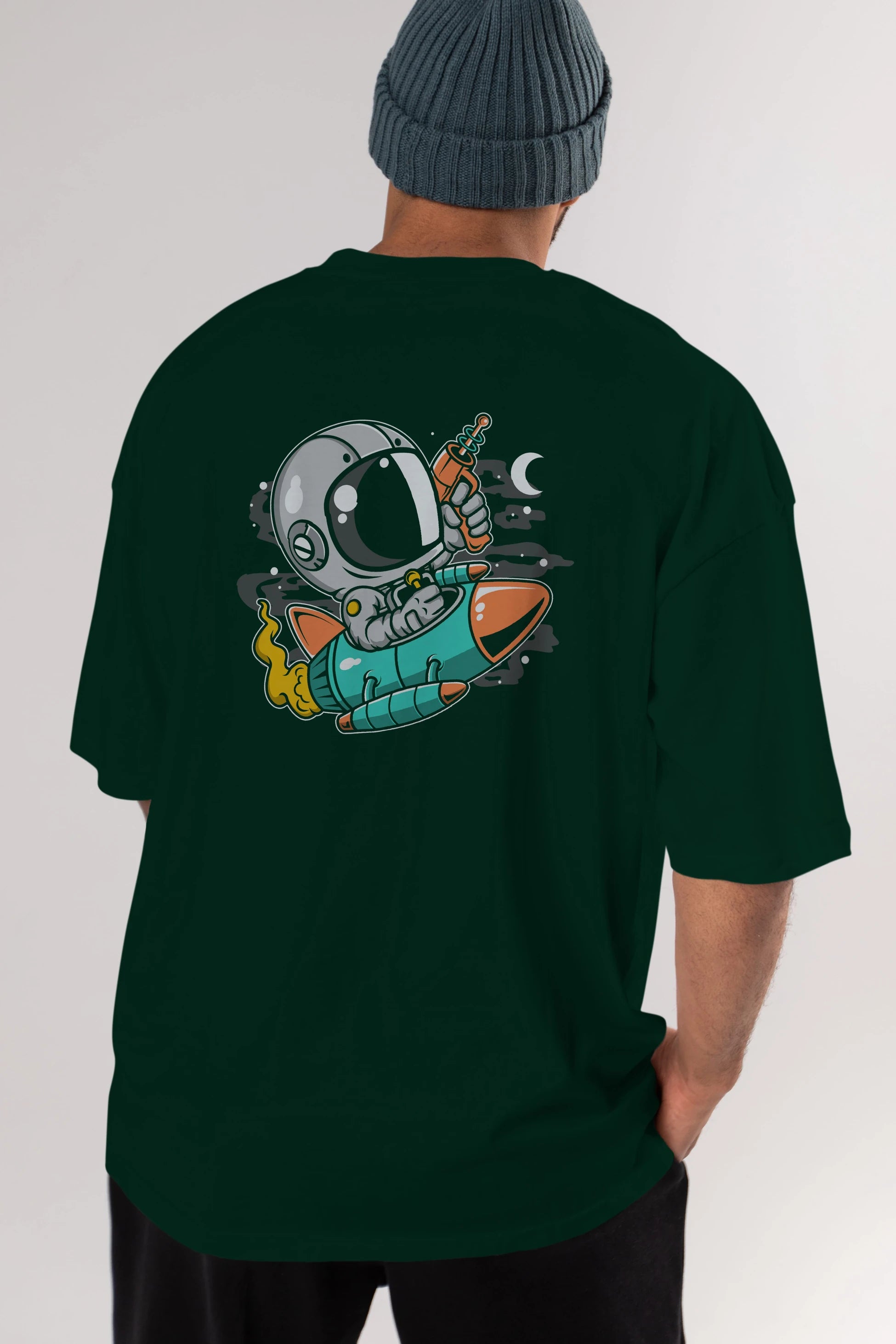 Astronaut Riding Rocket Arka Baskılı Oversize t-shirt Erkek Kadın Unisex