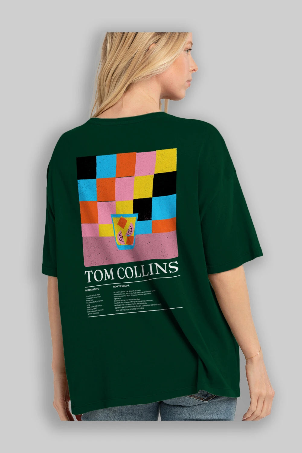 Tom Collins Kokteyl Serisi Arka Baskılı Oversize t-shirt Erkek Kadın %100 Pamuk Bisiklet Yaka tişort