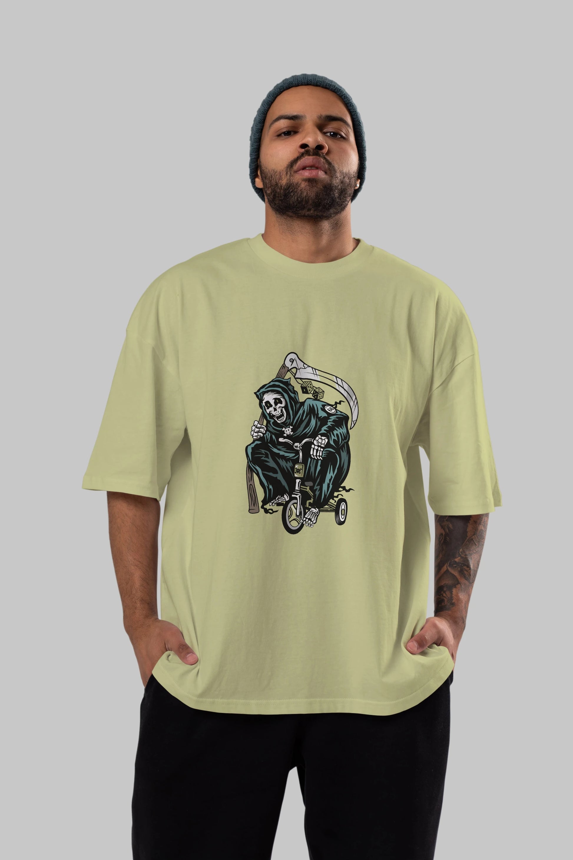 Grim Reaper Bicycle Ön Baskılı Oversize t-shirt Erkek Kadın Unisex %100 Pamuk tişort