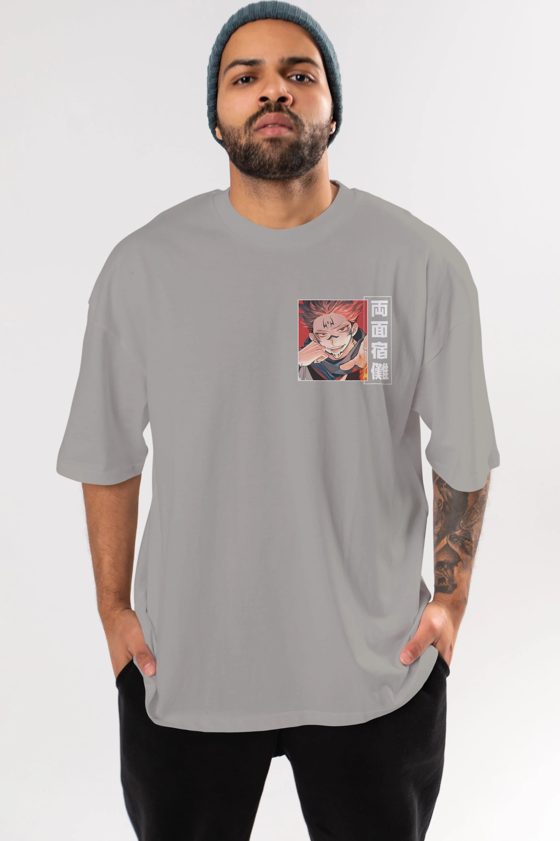 Sukuna Ryoumen 4 Ön Sol Baskılı Oversize t-shirt Erkek Kadın Unisex %100 Pamuk Bisiklet Yaka tişort