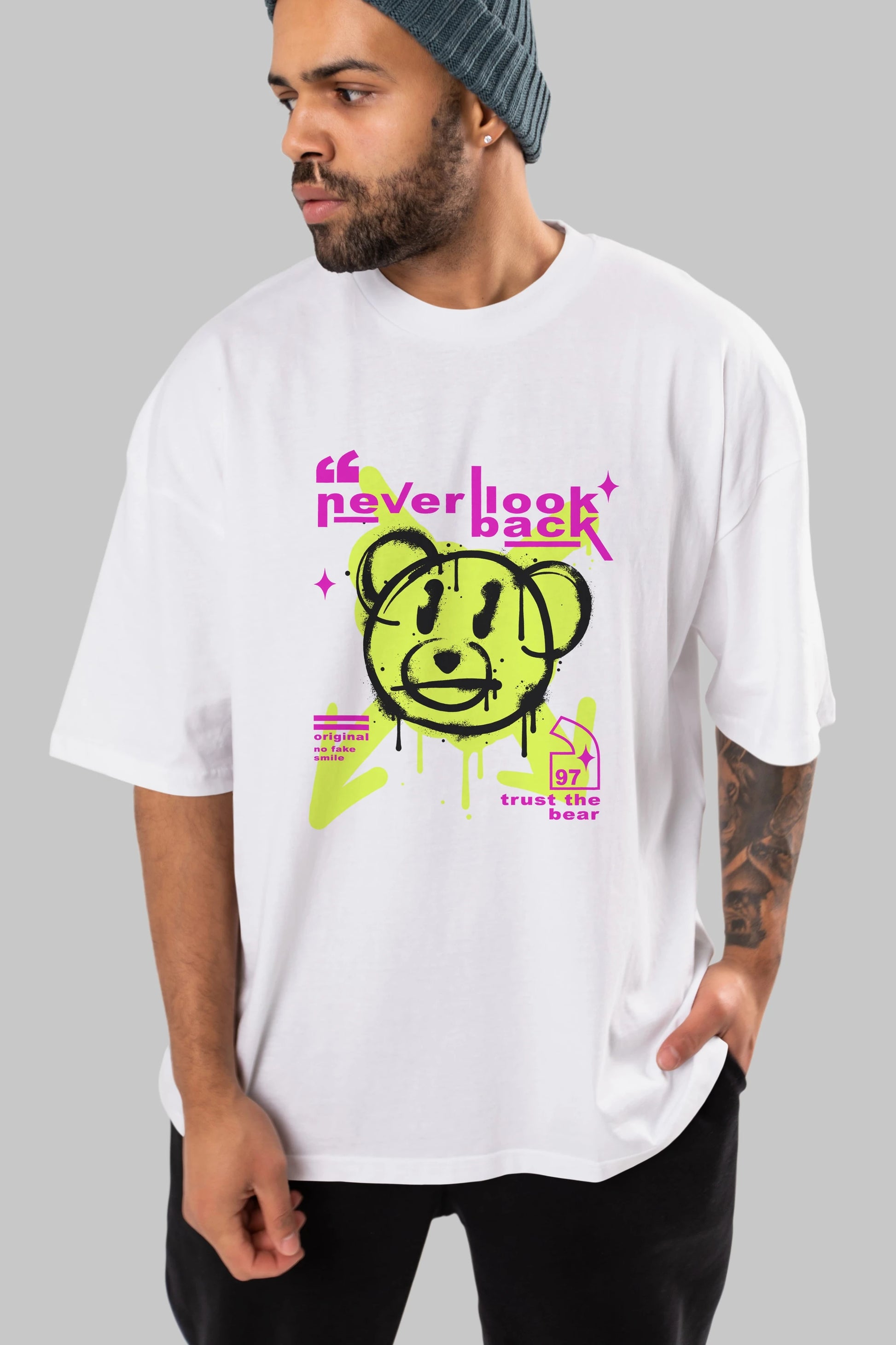 Never Look Back Bear Ön Baskılı Oversize t-shirt Erkek Kadın Unisex