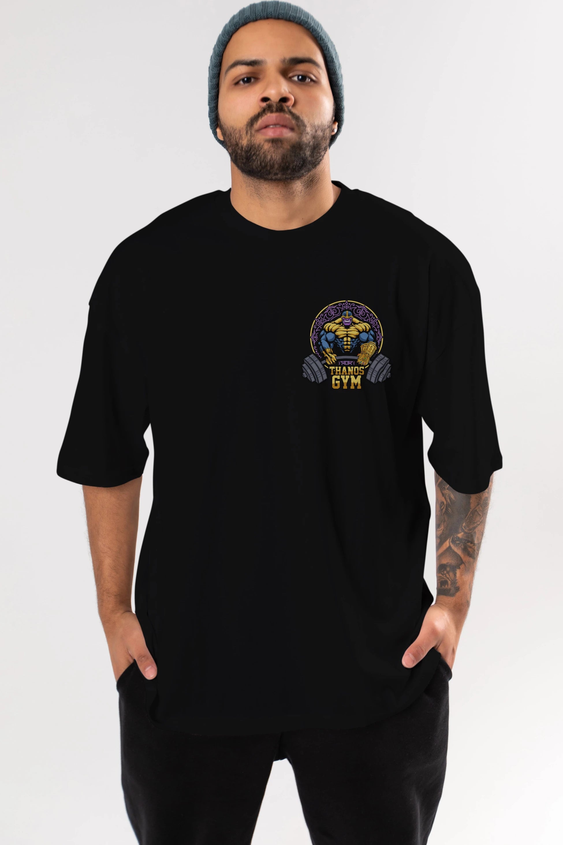 Thanos GYM Ön Sol Baskılı Oversize t-shirt Erkek Kadın Unisex %100 Pamuk Bisiklet Yaka tişort
