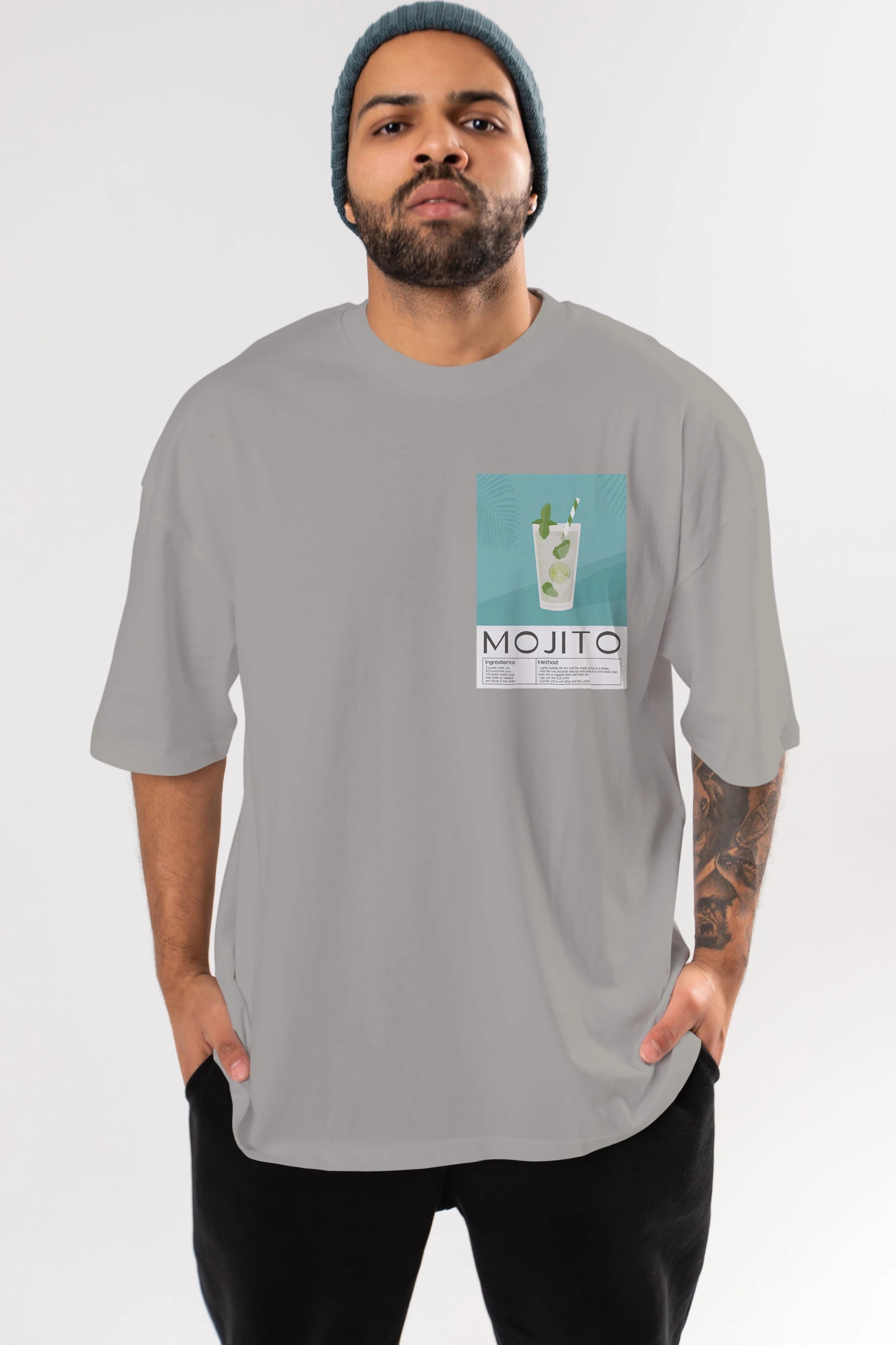 Mojito 4 Ön Sol Baskılı Oversize t-shirt Erkek Kadın Unisex %100 Pamuk Bisiklet Yaka tişort