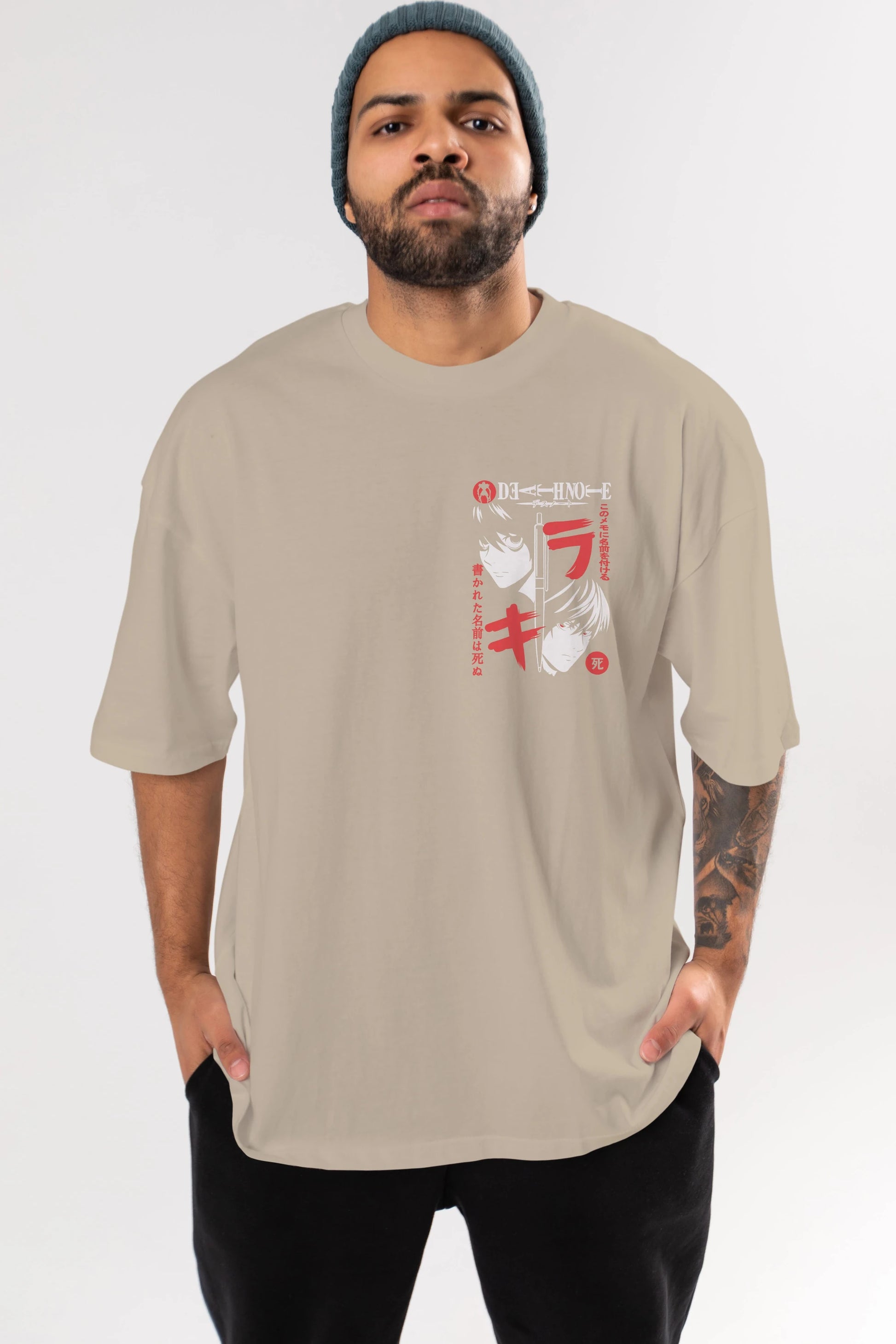 DEATHNOTE L vs KIRA Ön Sol Baskılı Oversize t-shirt Erkek Kadın Unisex %100 Pamuk Bisiklet Yaka tişort