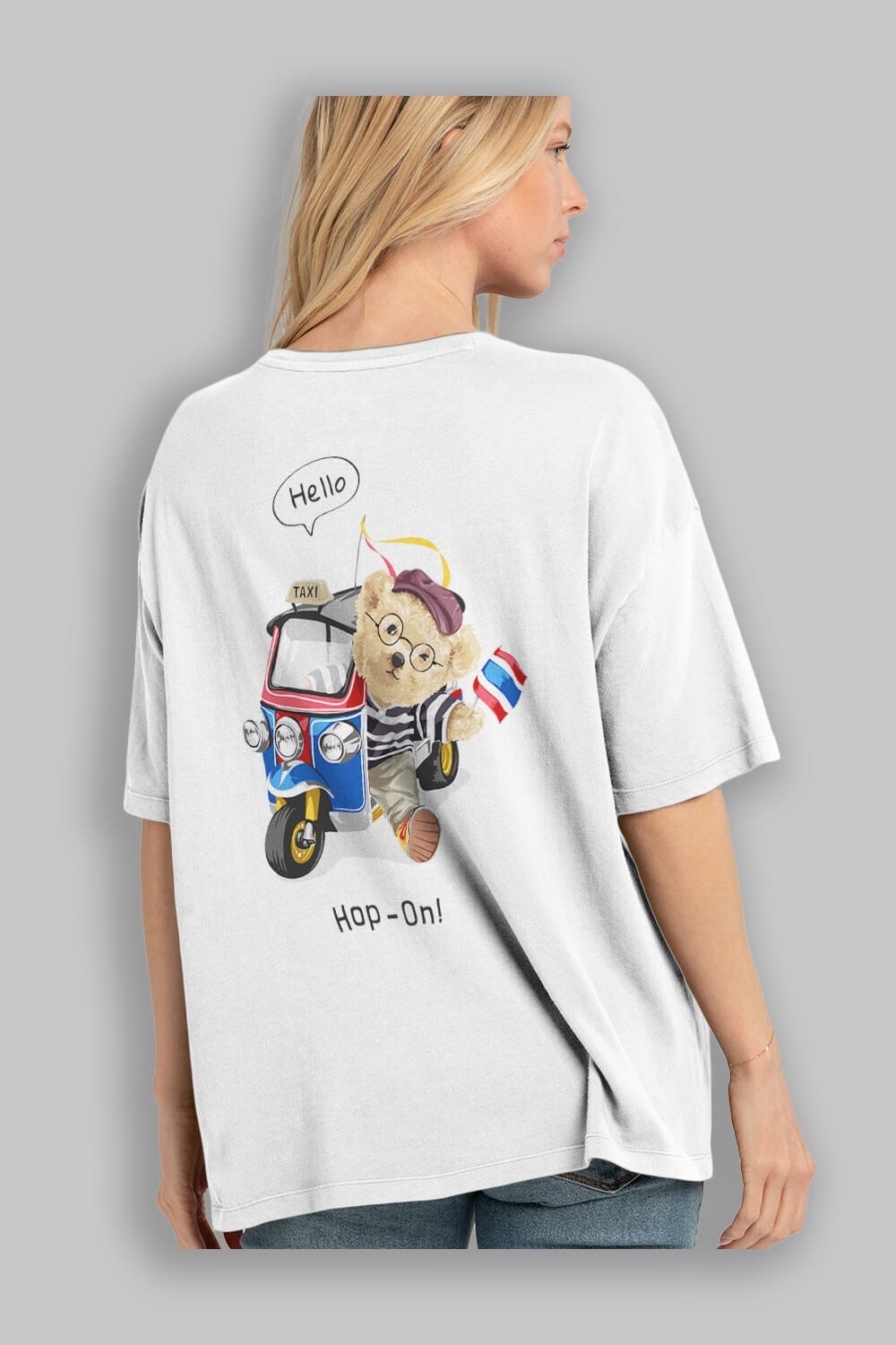 Teddy Bear Hop-On Arka Baskılı Oversize t-shirt Erkek Kadın Unisex %100 Pamuk