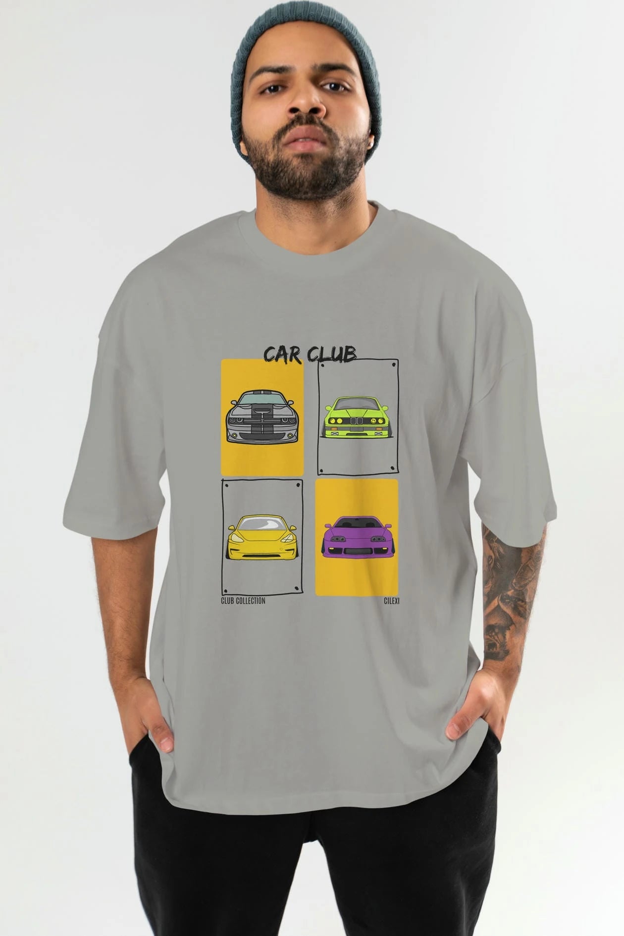 Car Club ön Baskılı Oversize t-shirt Erkek Kadın %100 Pamuk Bisiklet Yaka tişort